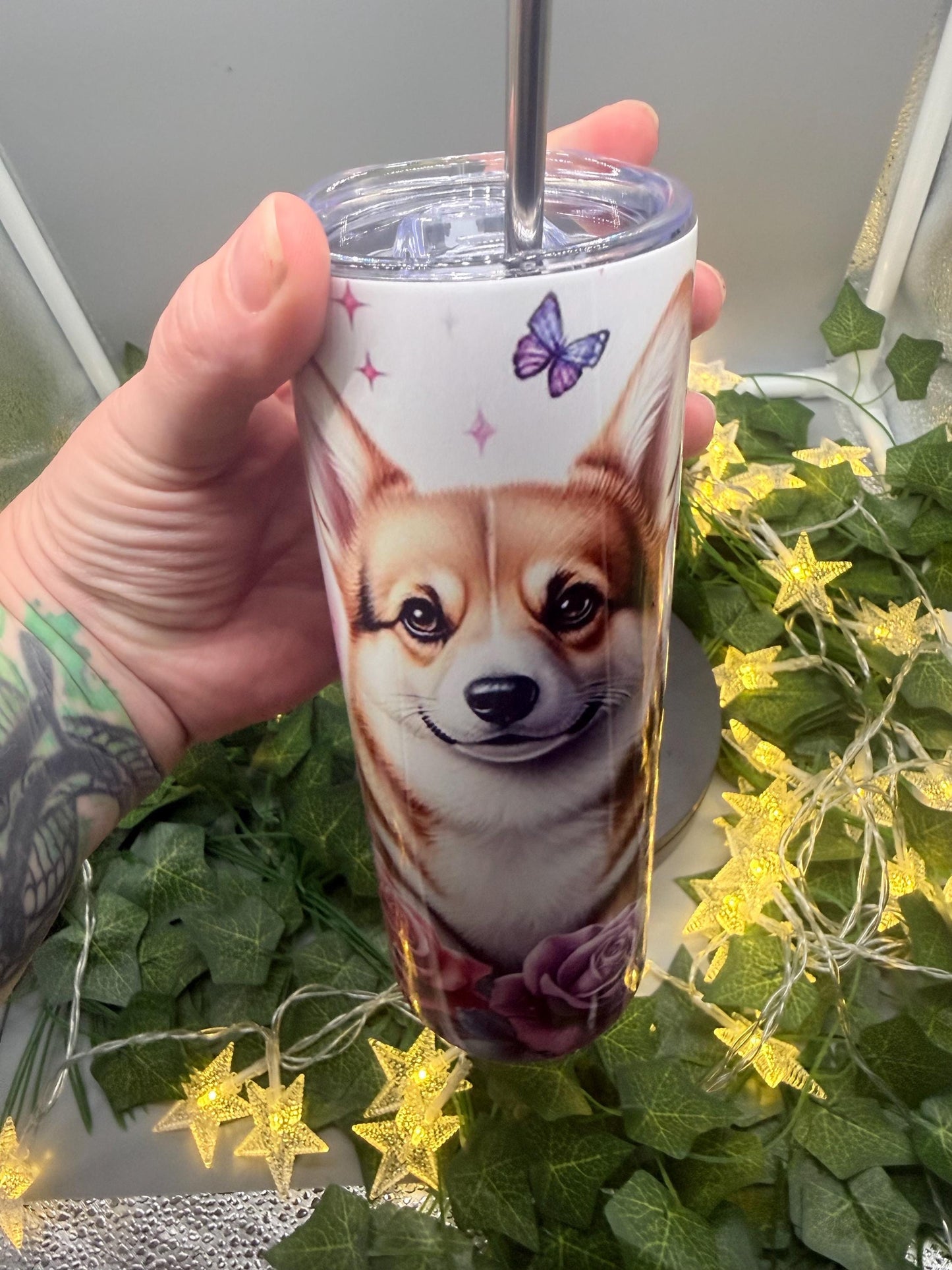 Corgi Tumbler with Lid & Straw: Floral Butterfly Dog Lover Travel Cup