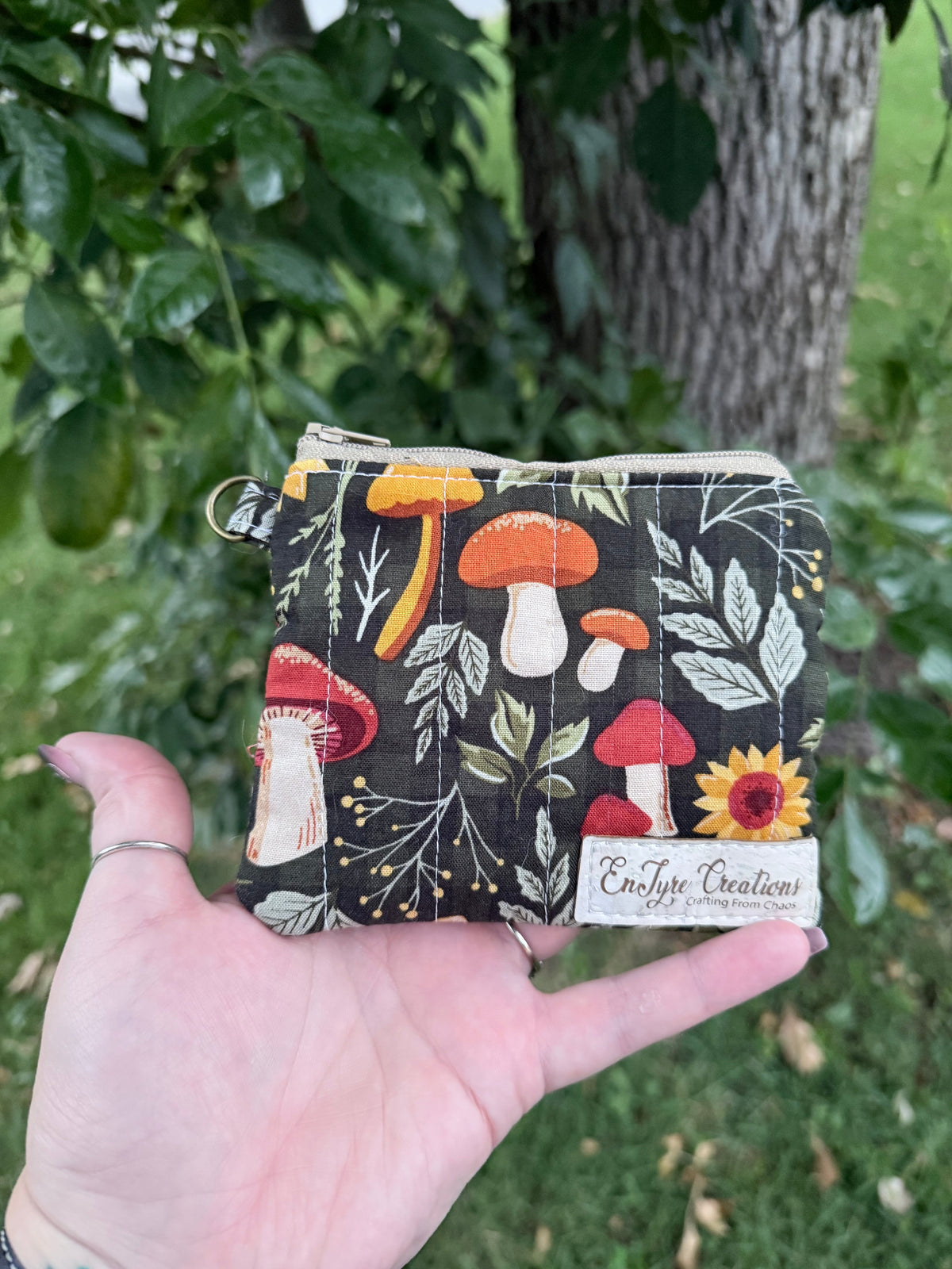 Quilted keychain wallet in Forest Mushroom fabric