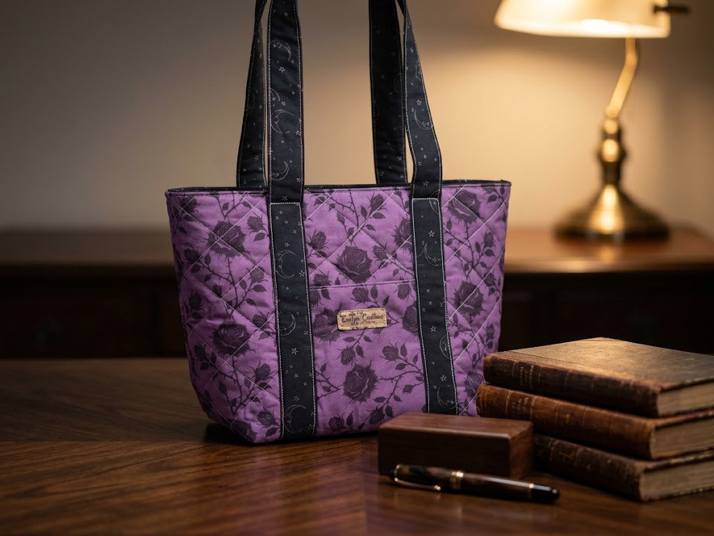 Purple rose quilted tote bag on a desk beside books and a reading lamp