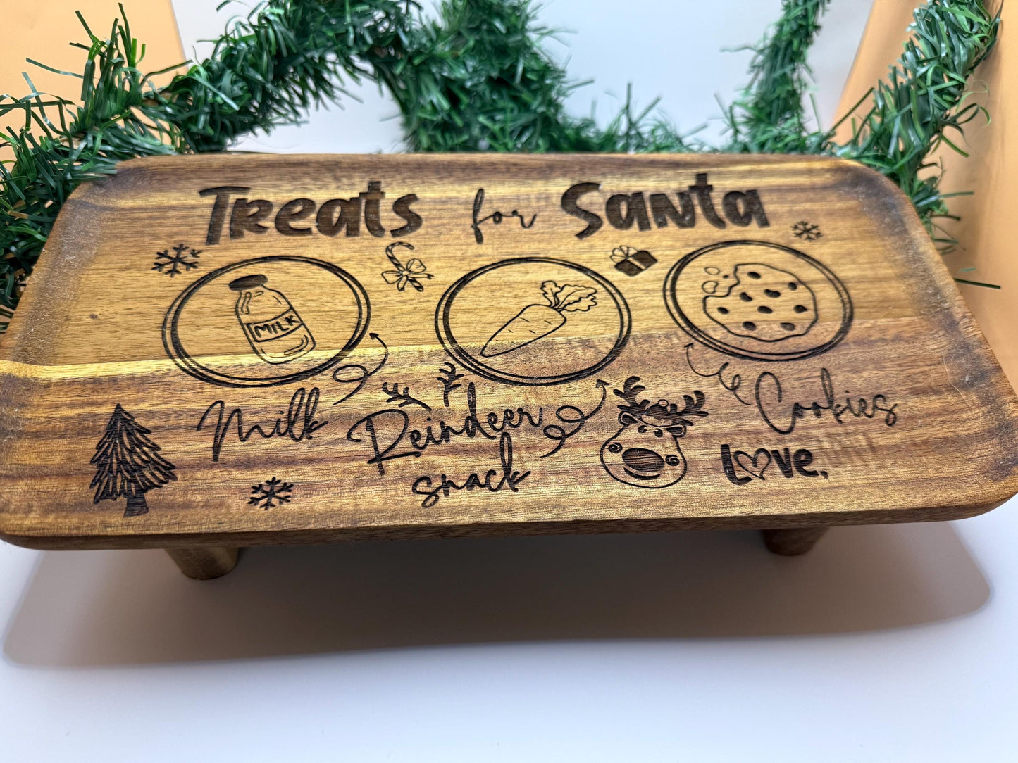 Personalized Treats for Santa Tray – Custom Acacia Wood Christmas Eve Cookie Tray | Kids Holiday Keepsake