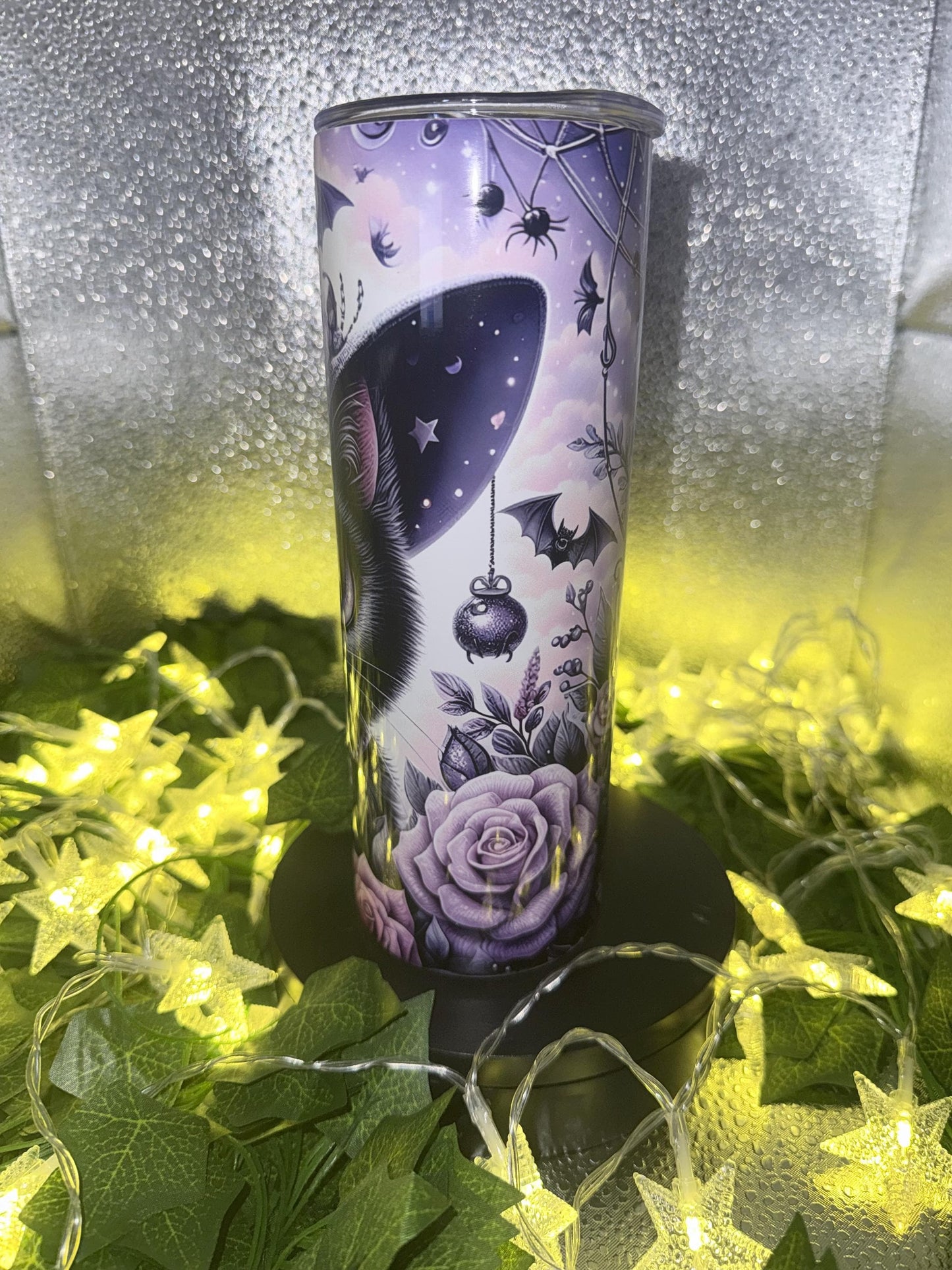 Gothic Cat Tumbler: Witchy Purple Roses, Bats & Stars - 20oz Stainless Steel
