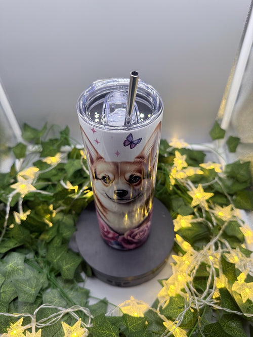 Corgi Tumbler with Lid & Straw: Floral Butterfly Dog Lover Travel Cup