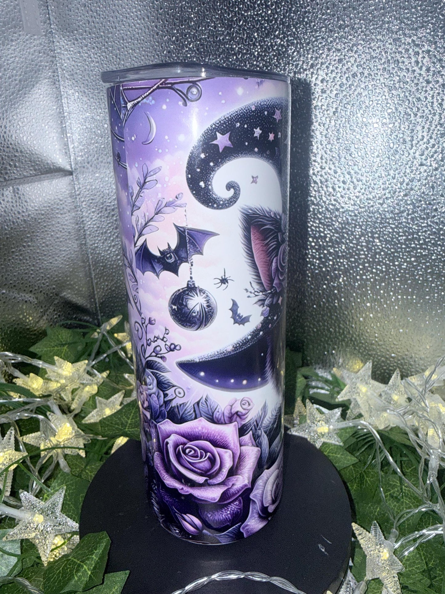 Gothic Cat Tumbler: Witchy Purple Roses, Bats & Stars - 20oz Stainless Steel