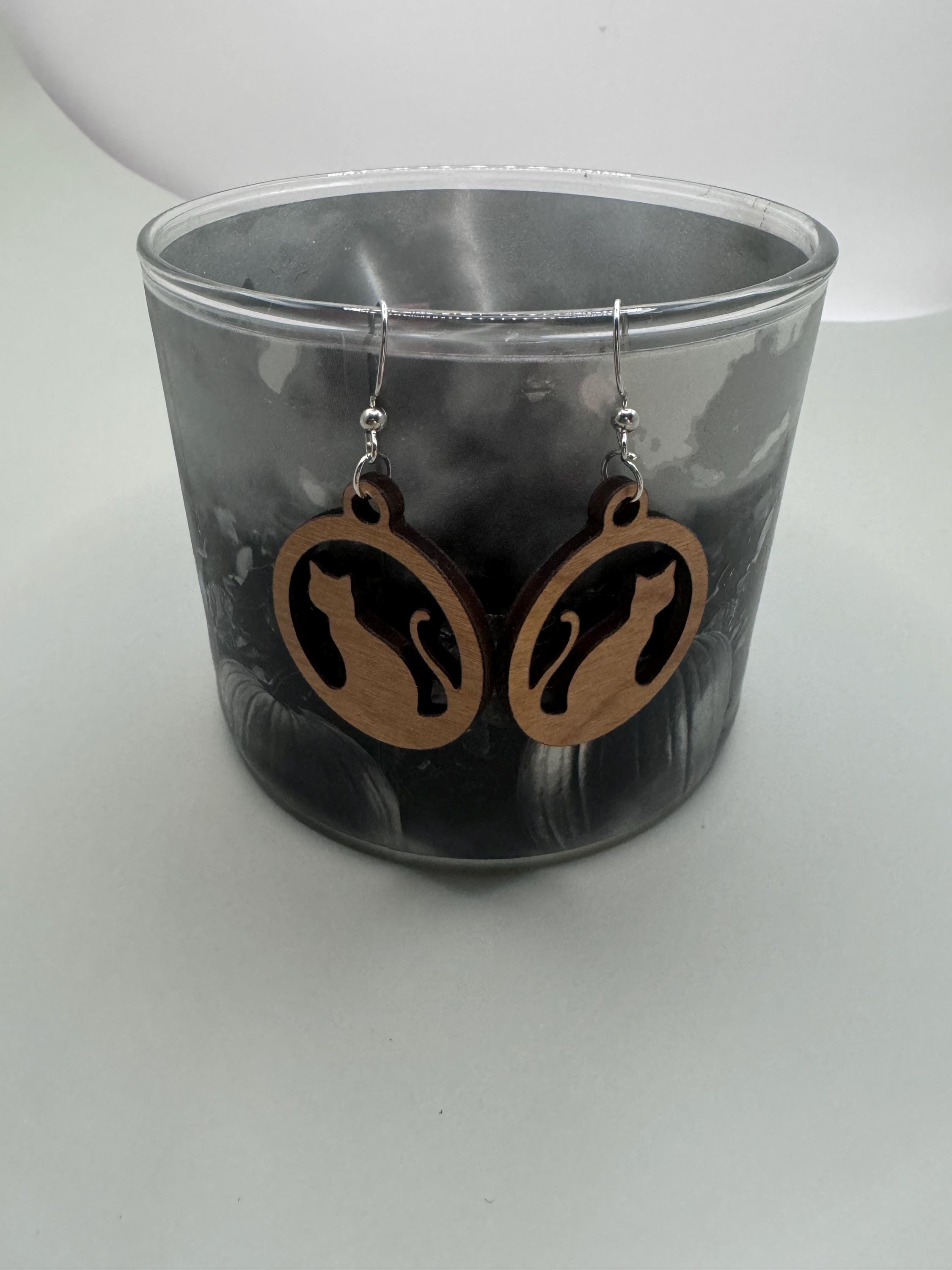Laser Cut Cat Earrings | Wooden Cat Silhouette Dangles | Lightweight Pet Lover Gift | Cute Feline Jewelry