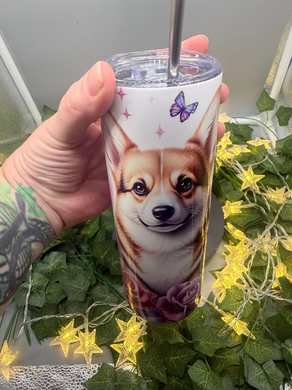 Corgi Tumbler with Lid & Straw: Floral Butterfly Dog Lover Travel Cup