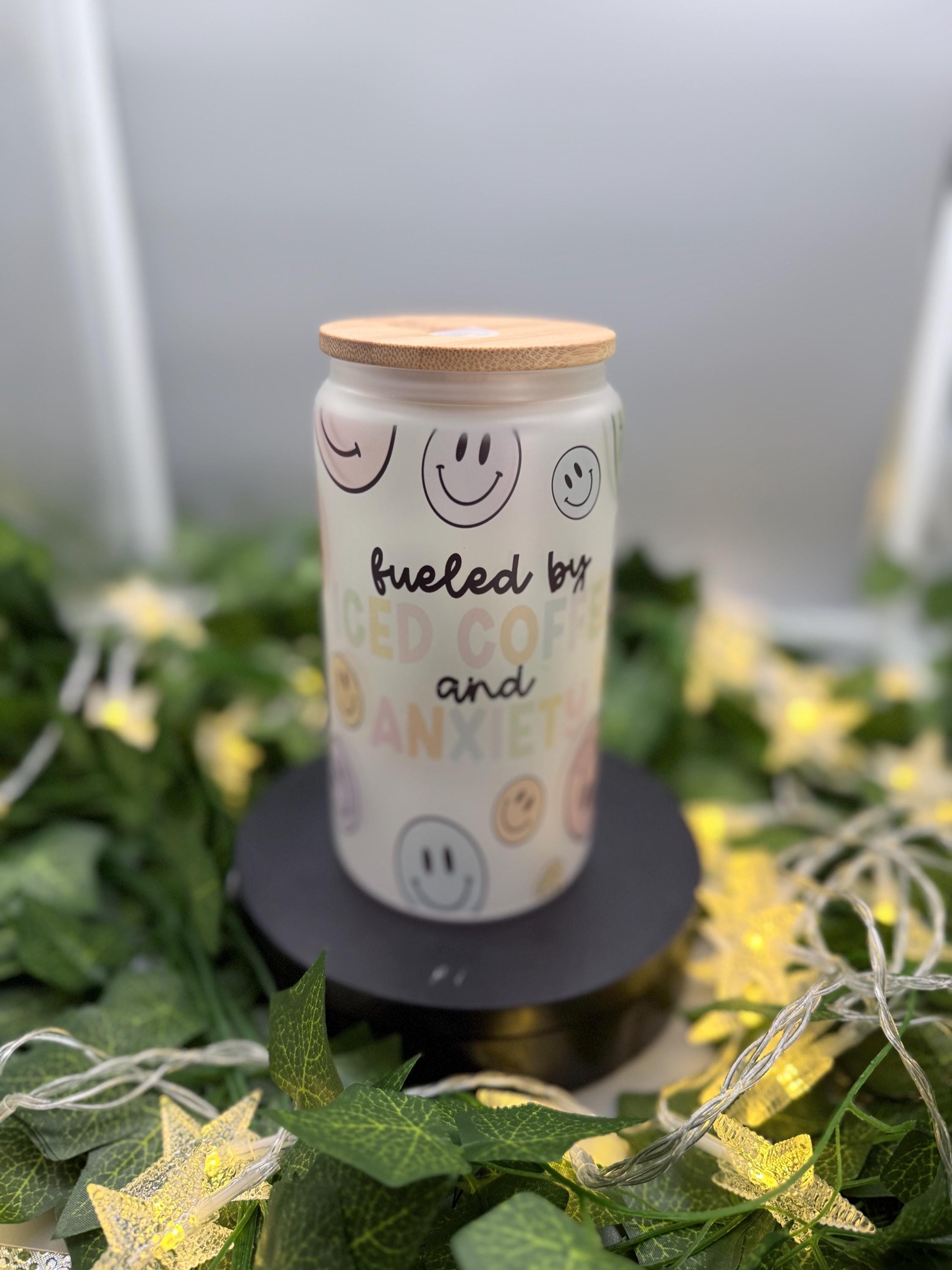 Fueled by Iced Coffee & Anxiety – 16oz Frosted Glass Cup with Bamboo Lid