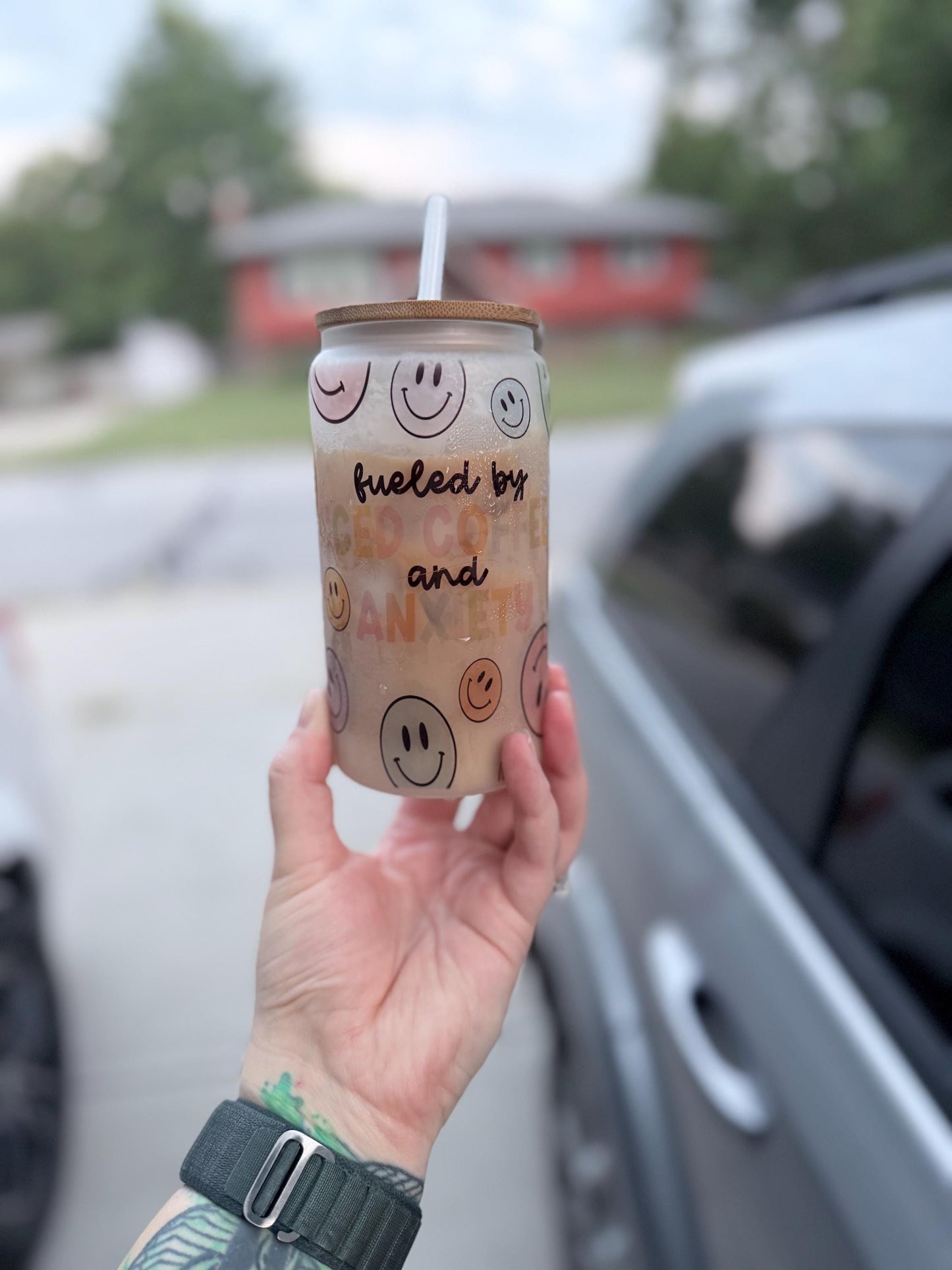 Fueled by Iced Coffee & Anxiety – 16oz Frosted Glass Cup with Bamboo Lid