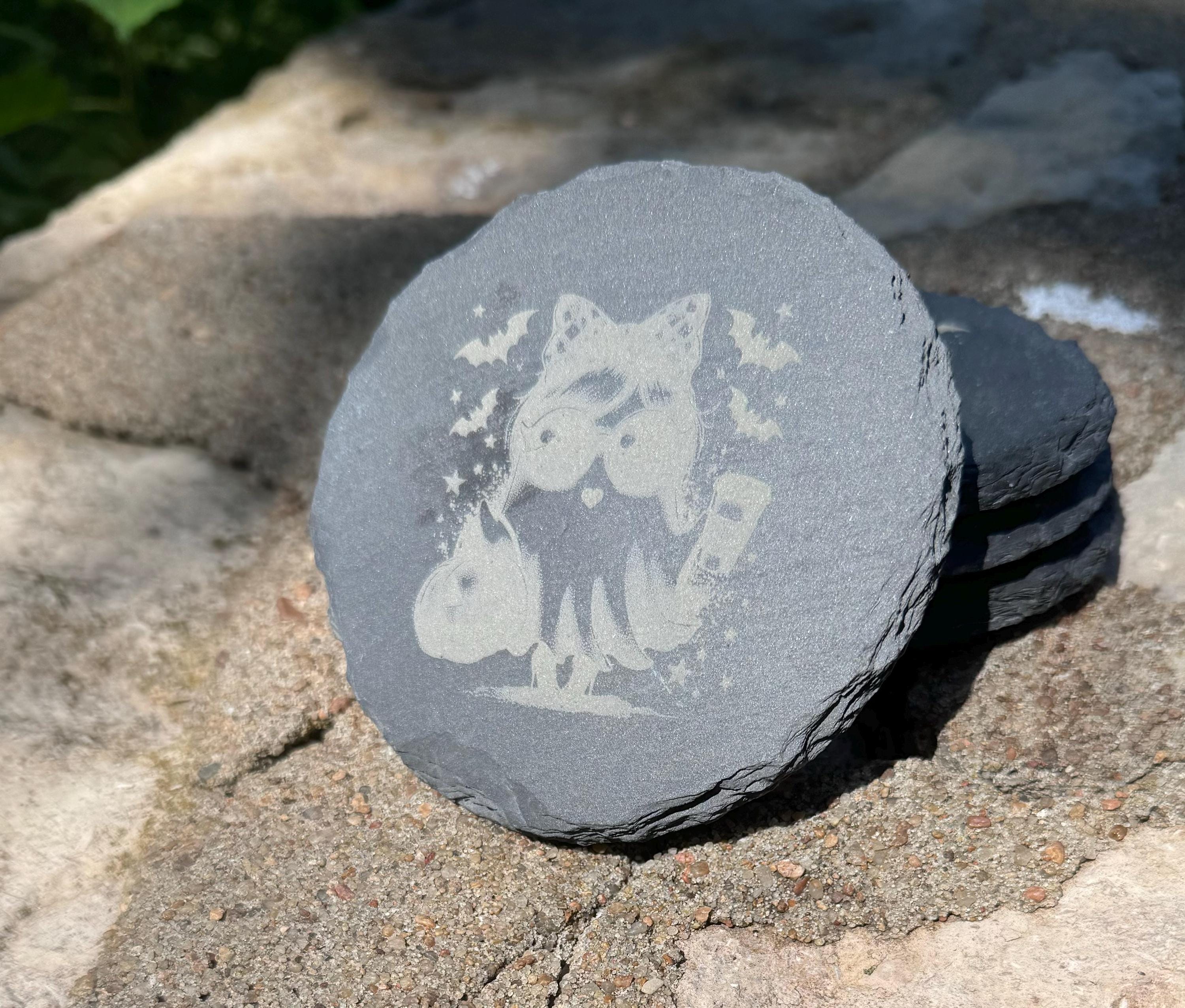 Halloween Slate Coasters – Adorable Ghost Designs, Set of 4 Laser Etched