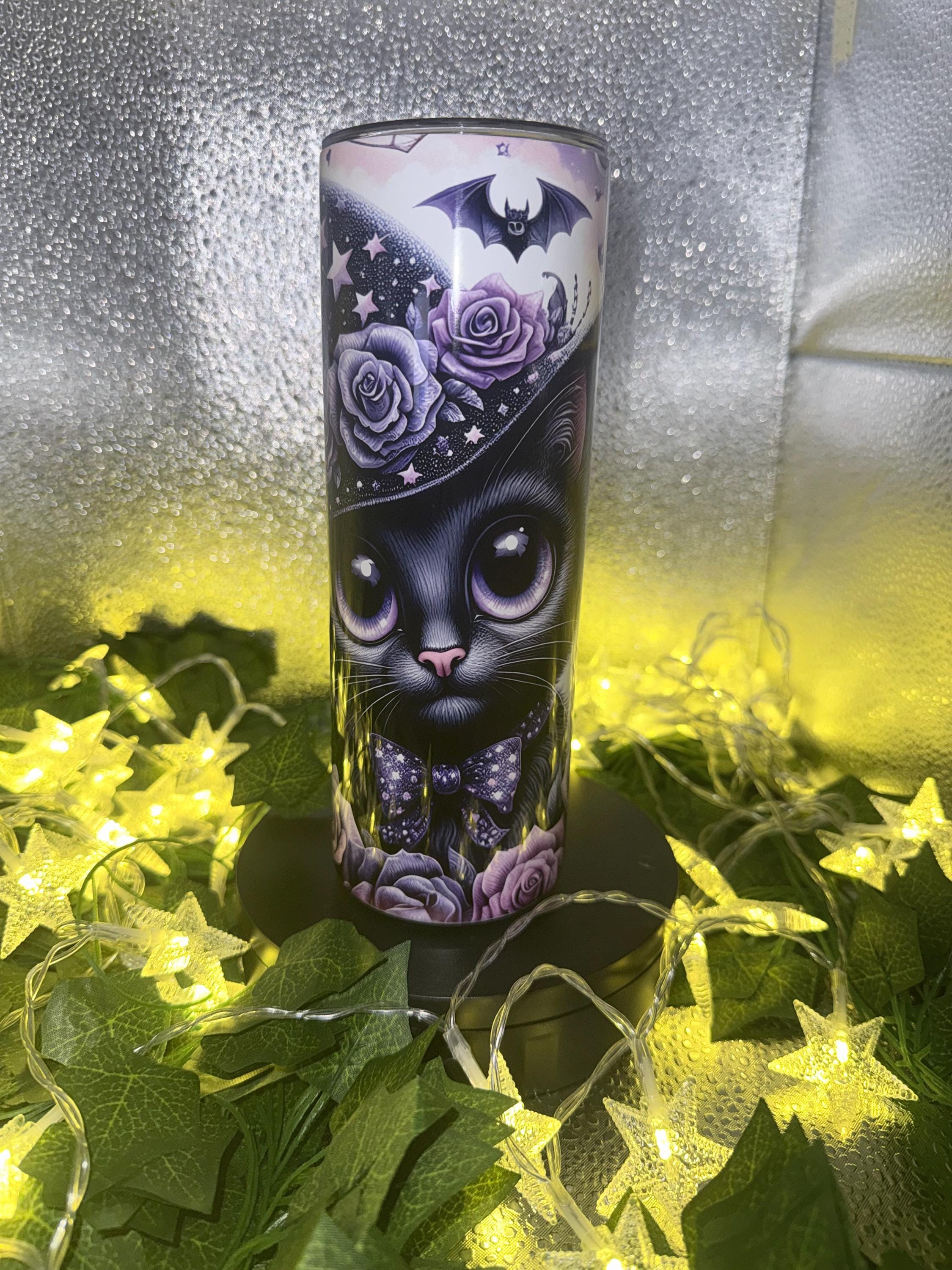 Gothic Cat Tumbler: Witchy Purple Roses, Bats & Stars - 20oz Stainless Steel