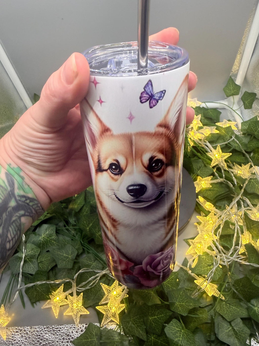 Corgi Tumbler with Lid & Straw: Floral Butterfly Dog Lover Travel Cup