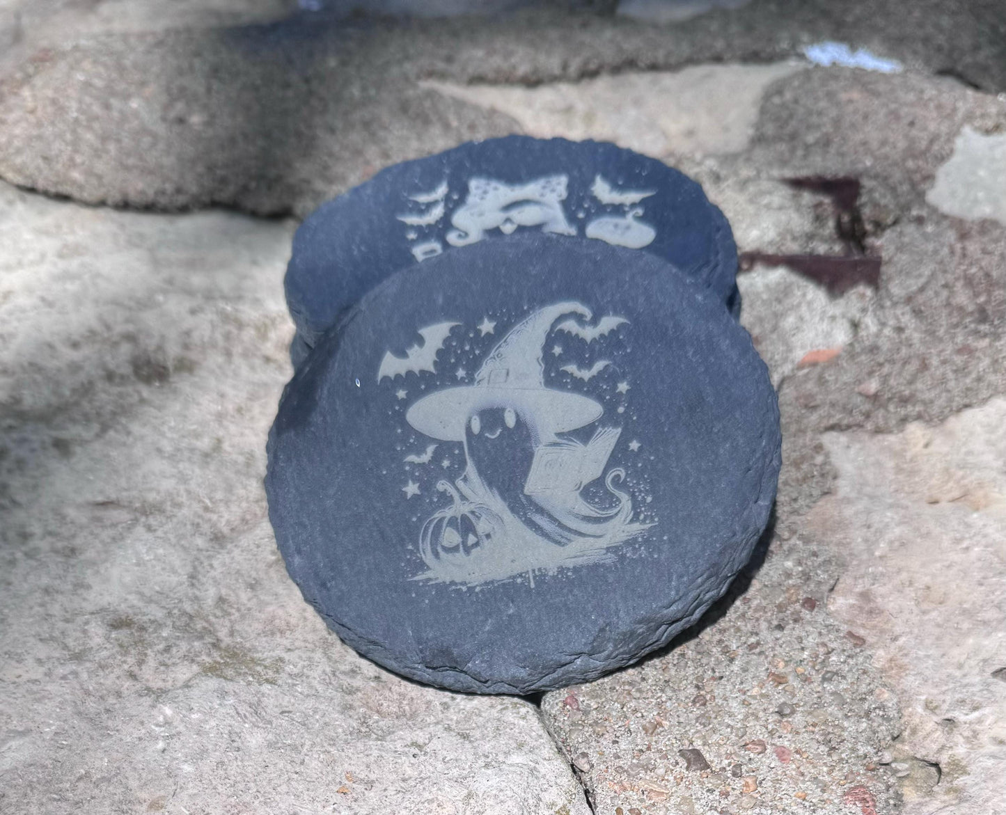 Halloween Slate Coasters – Adorable Ghost Designs, Set of 4 Laser Etched