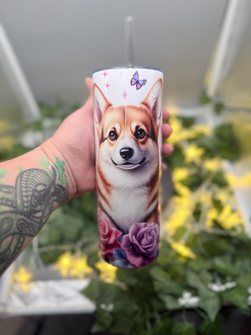 Corgi Tumbler with Lid & Straw: Floral Butterfly Dog Lover Travel Cup