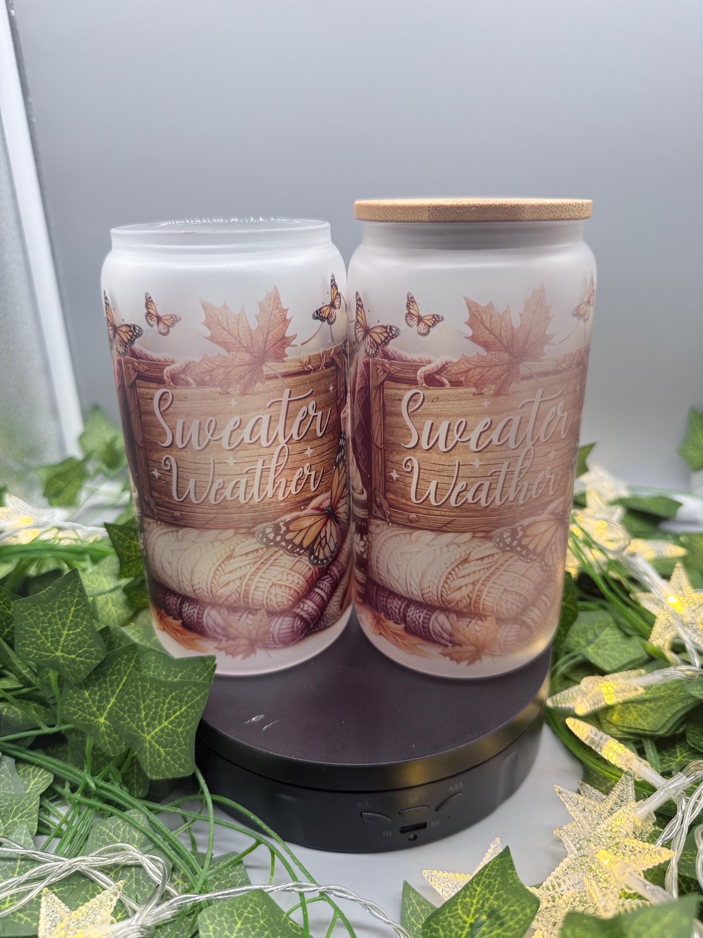 Sweater Weather Glass Can Cup – 16oz Frosted Beer Can Glass with Bamboo Lid & Straw | Autumn Tumbler, Fall Aesthetic Cup, Cozy Butterfly Mug