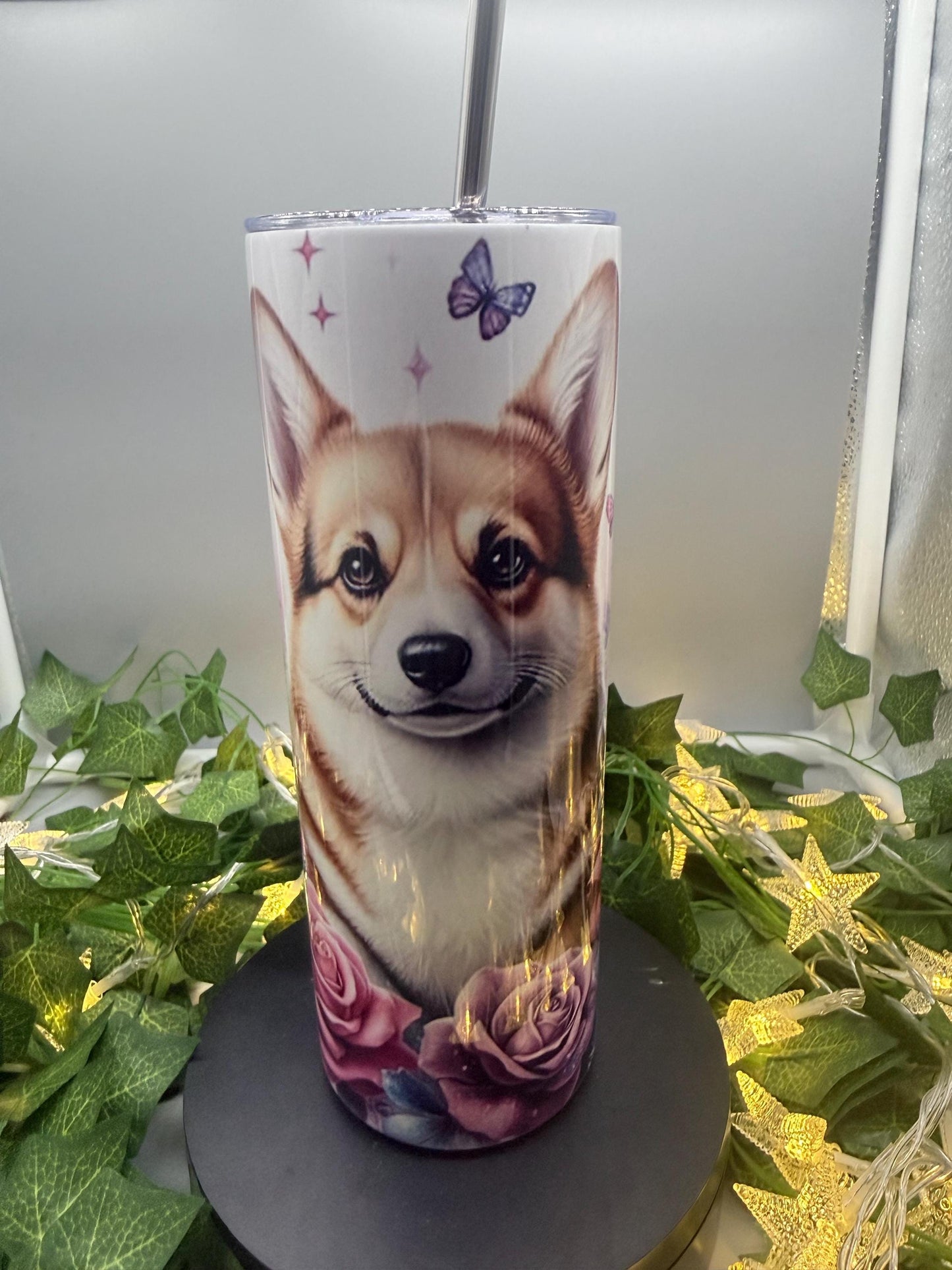 Corgi Tumbler with Lid & Straw: Floral Butterfly Dog Lover Travel Cup