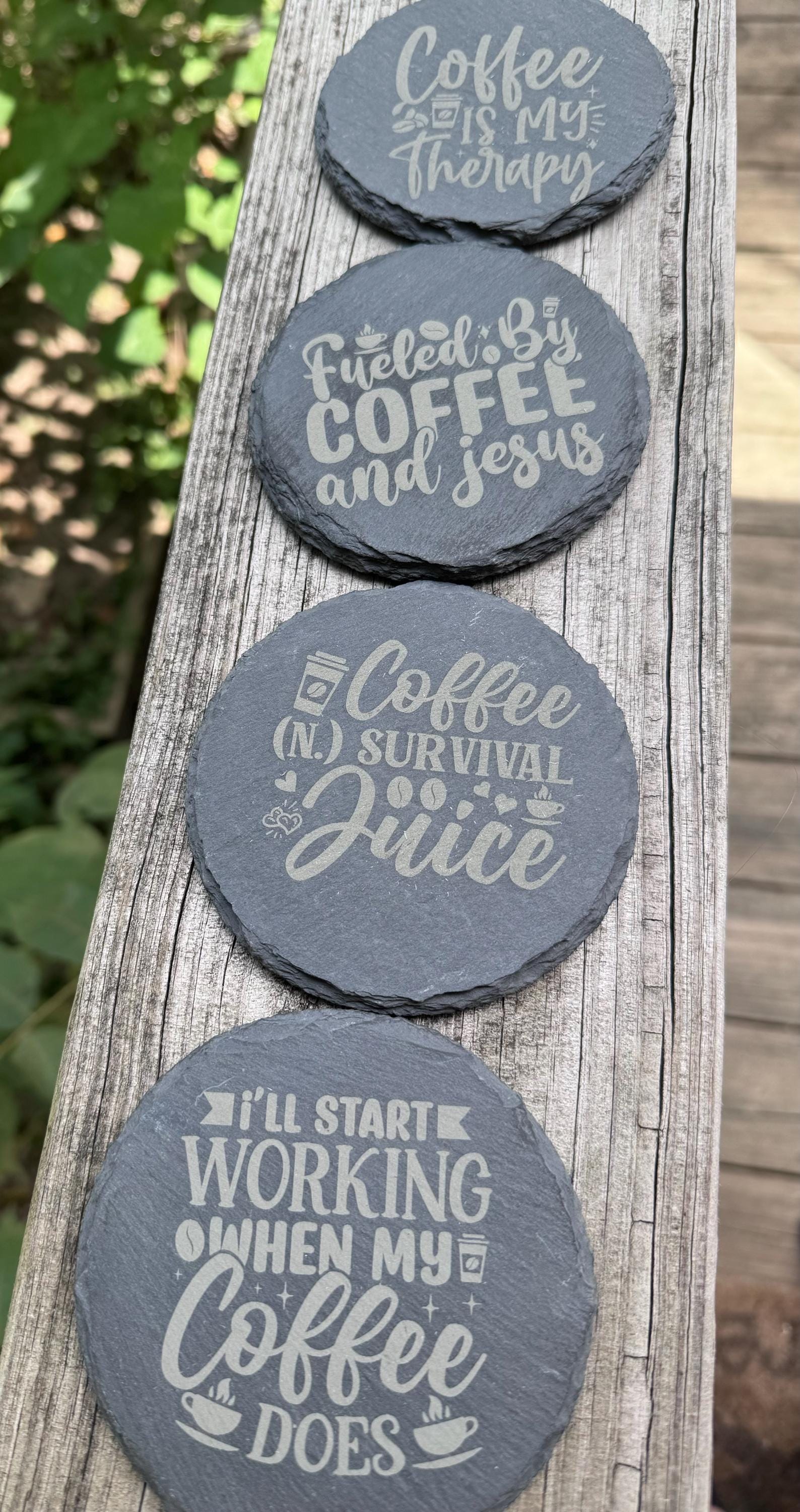 Funny Coffee Sayings Slate Coasters | Laser Engraved Housewarming Gift | Home Decor