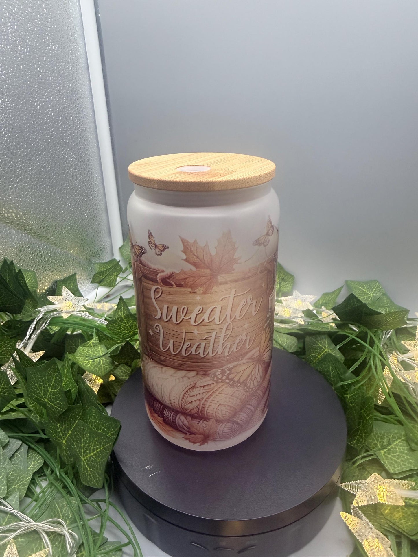 Sweater Weather Glass Can Cup – 16oz Frosted Beer Can Glass with Bamboo Lid & Straw | Autumn Tumbler, Fall Aesthetic Cup, Cozy Butterfly Mug