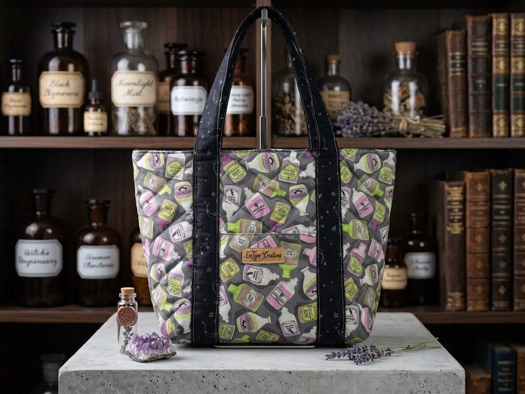 Potion Shelf quilted tote bag in front of a shelf of apothecary bottles and antique books