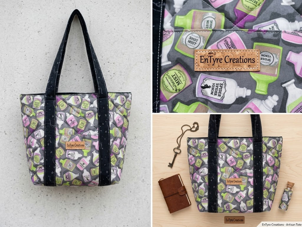 Potion Shelf tote hanging on a wall, close-up of the potion bottle fabric and cork label, and flat lay with journal