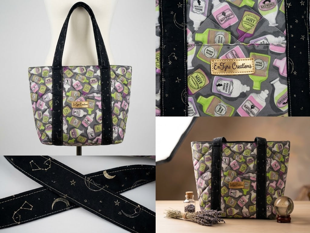 Potion Shelf quilted tote bag photo collage showing the straps and details