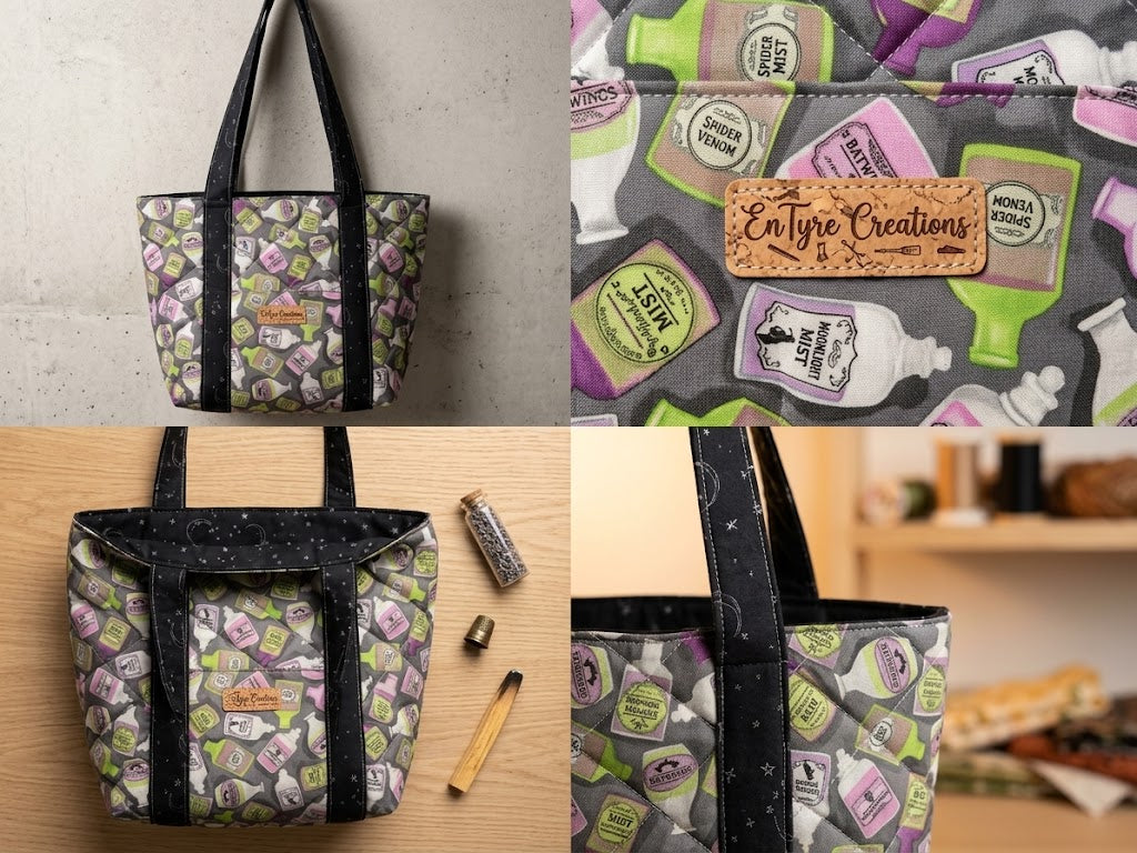 Potion Shelf quilted tote bag detail photo collage