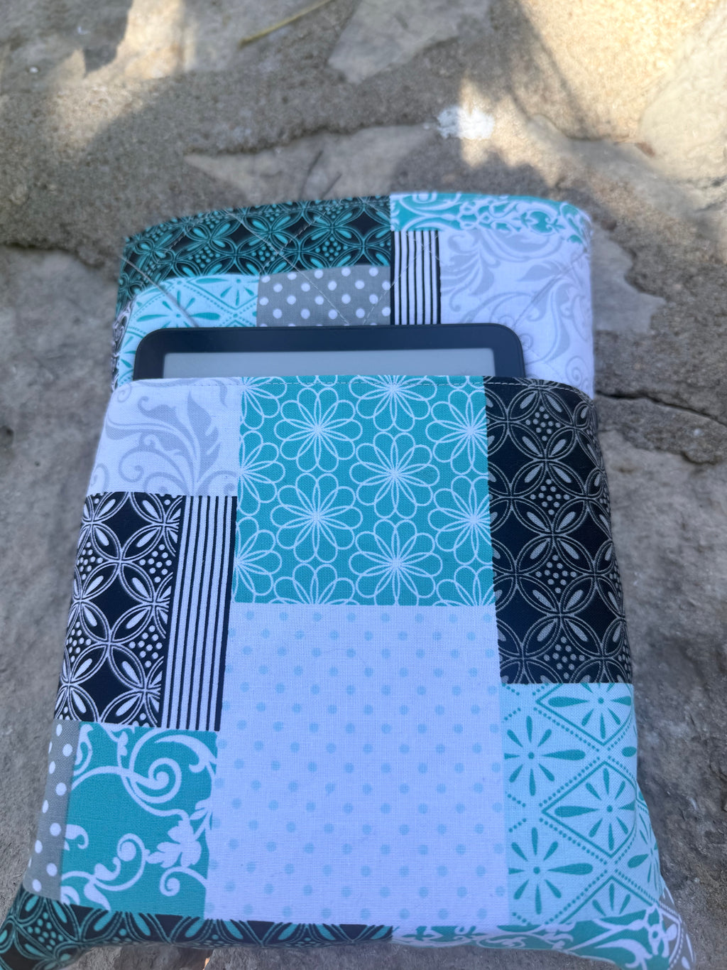 Quilted Book Sleeve with Pocket for Kindle | Patchwork Book Pouch | E-reader and Paperback Cover | Book Lover Gift | Turquoise & Gray