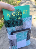 Quilted Book Sleeve with Pocket for Kindle | Patchwork Book Pouch | E-reader and Paperback Cover | Book Lover Gift | Turquoise & Gray