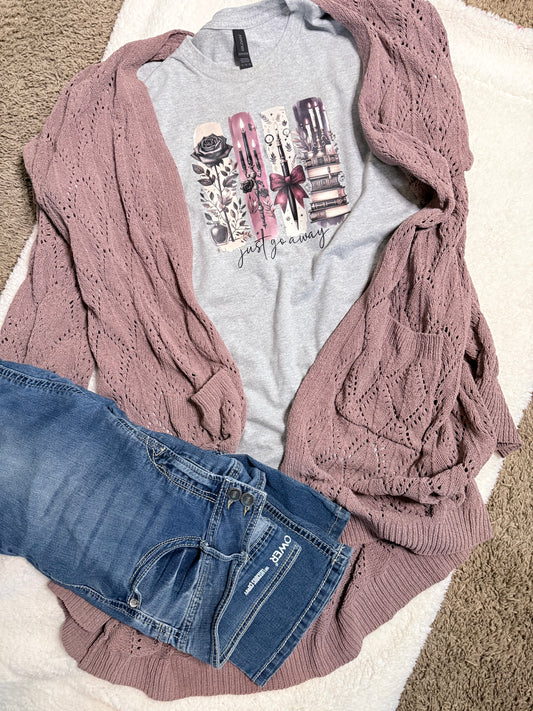 Gray Just Go Away dark academia tee styled with a cardigan and jeans