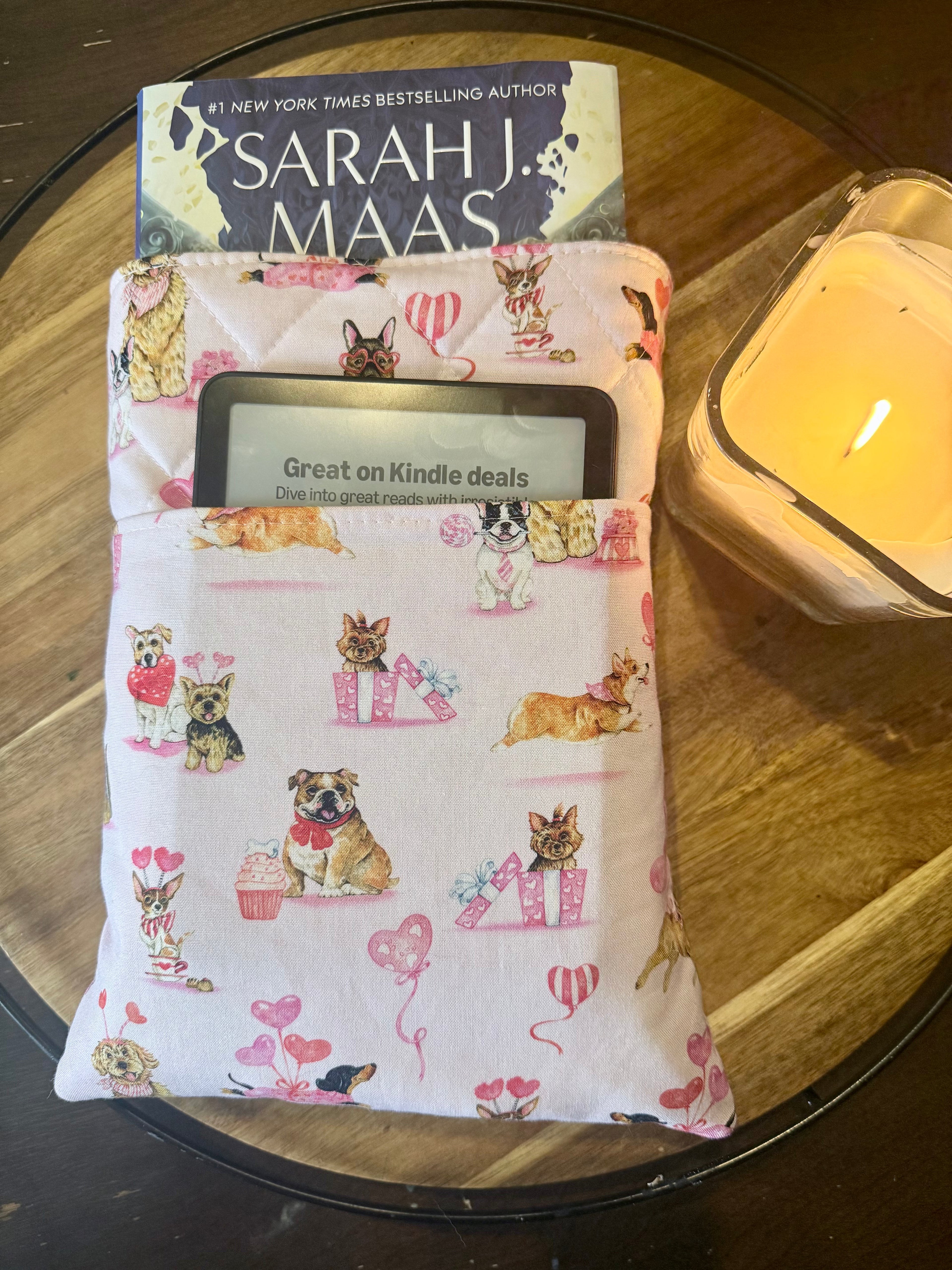 Valentine’s Dog Book Sleeve with Kindle Pocket – Quilted Book Protector for Paperbacks & Hardcovers