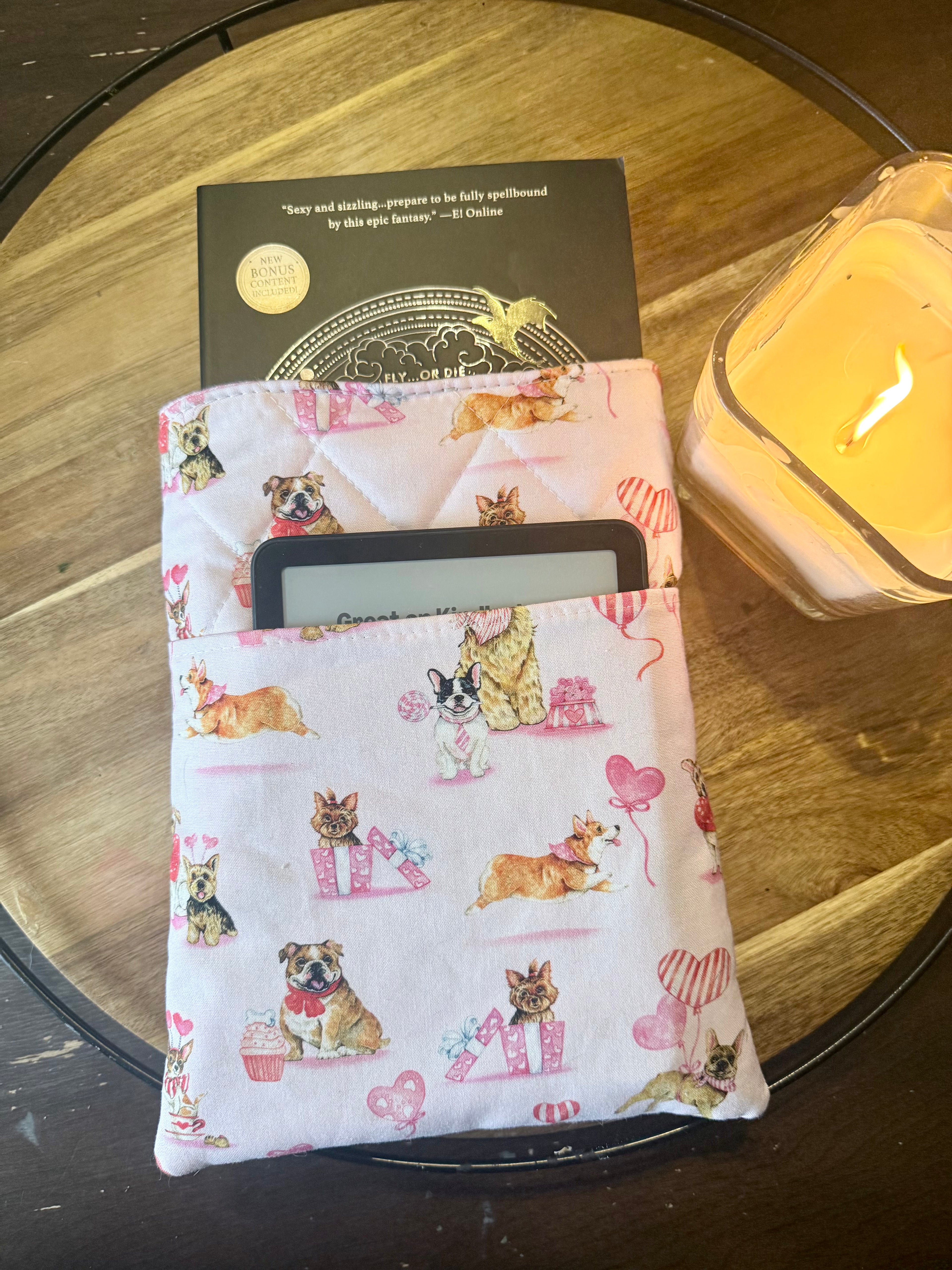 Valentine’s Dog Book Sleeve with Kindle Pocket – Quilted Book Protector for Paperbacks & Hardcovers