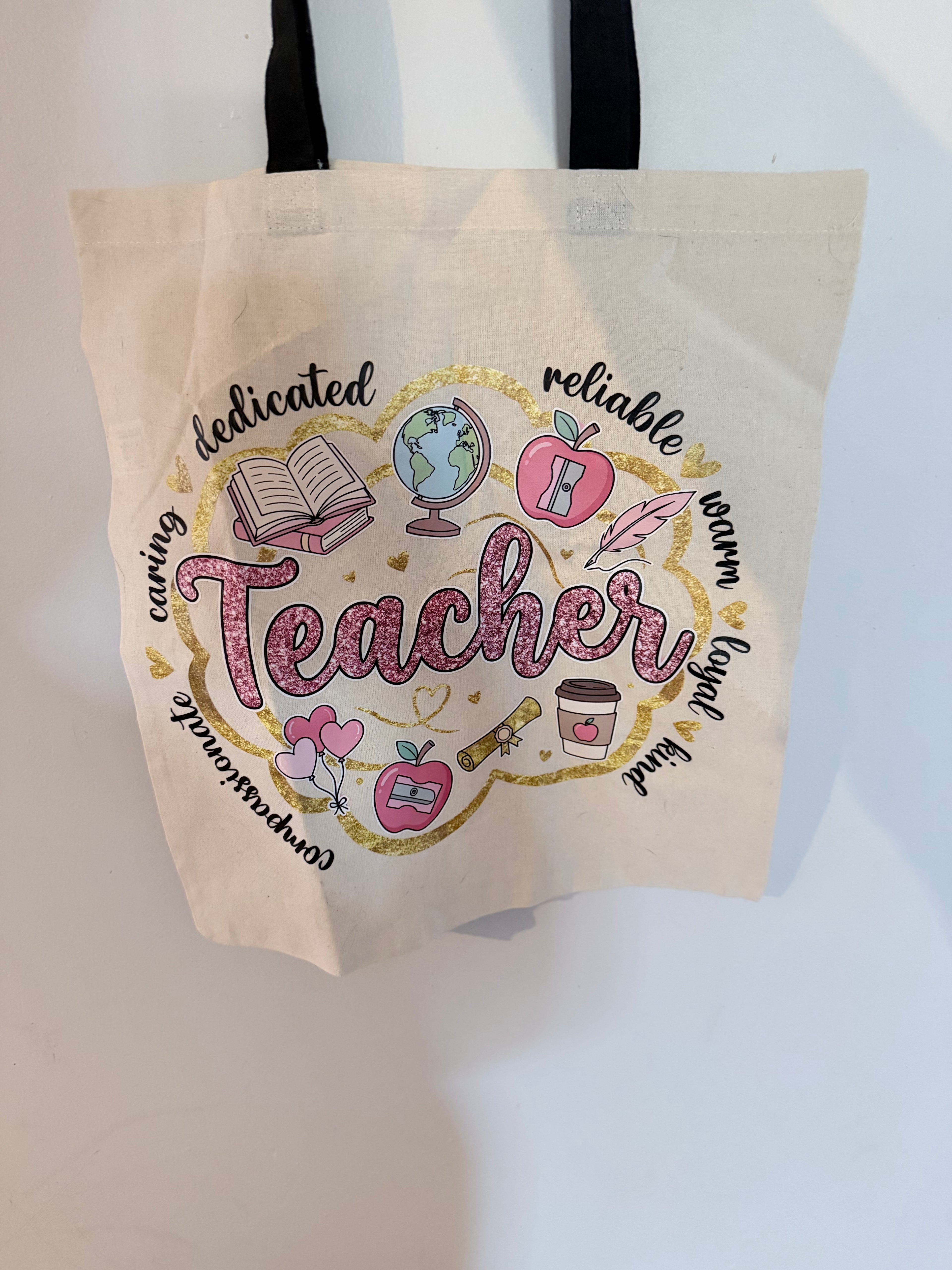 Teacher Canvas Tote with Black Handles - Pink "Faux Glitter" Word Cloud Design - Durable Educator Carryall