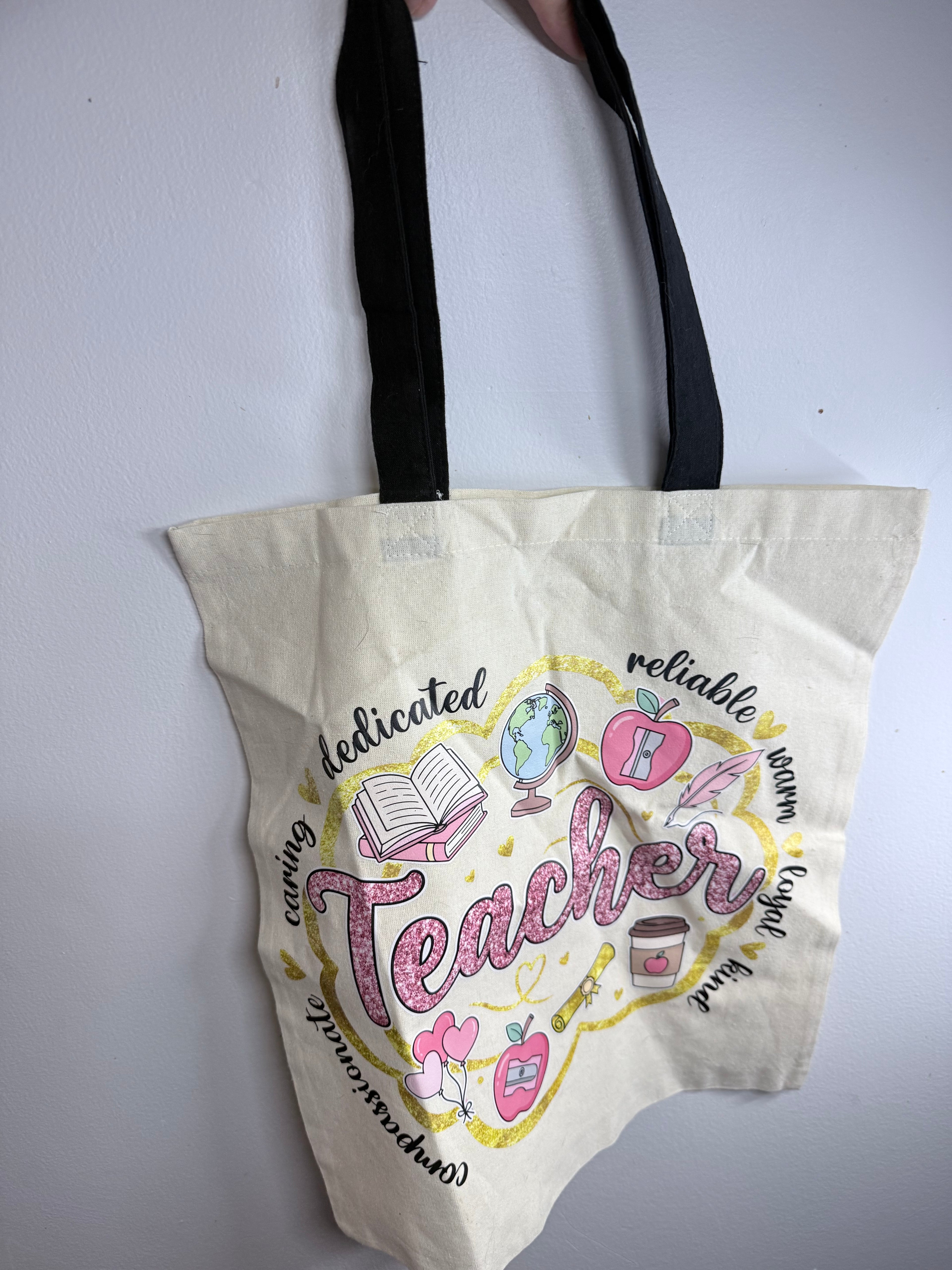 Teacher Canvas Tote with Black Handles - Pink "Faux Glitter" Word Cloud Design - Durable Educator Carryall