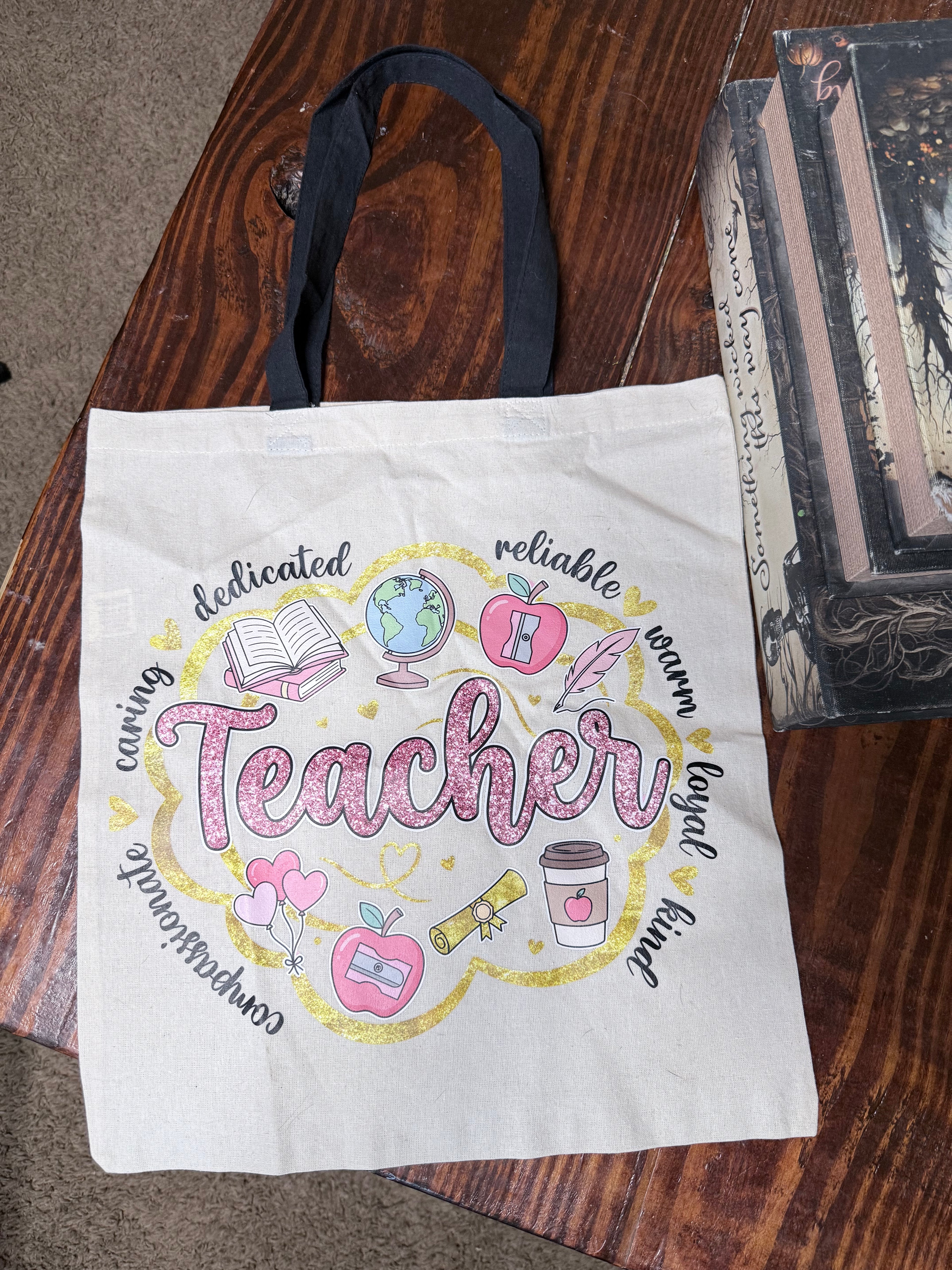 Teacher Canvas Tote with Black Handles - Pink "Faux Glitter" Word Cloud Design - Durable Educator Carryall