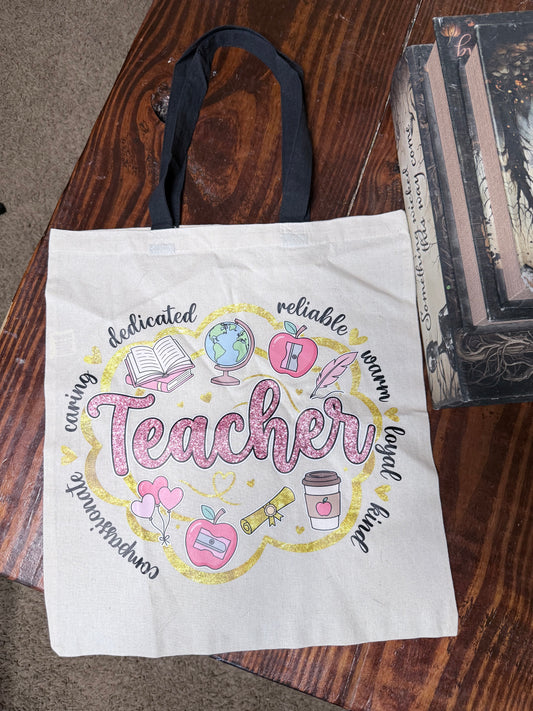 Teacher word cloud canvas tote with pink glitter-look design and black handles