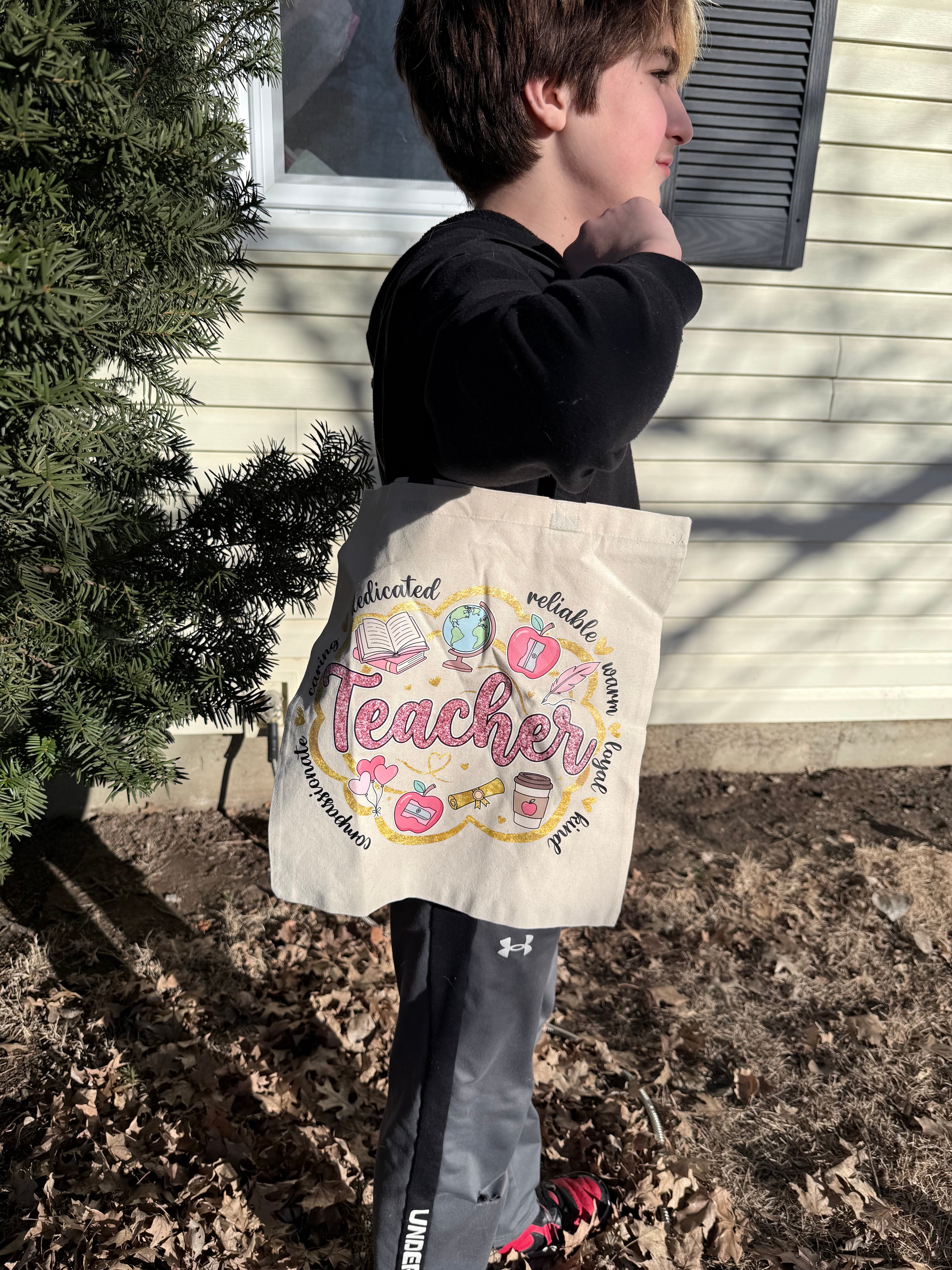 Teacher Canvas Tote with Black Handles - Pink "Faux Glitter" Word Cloud Design - Durable Educator Carryall