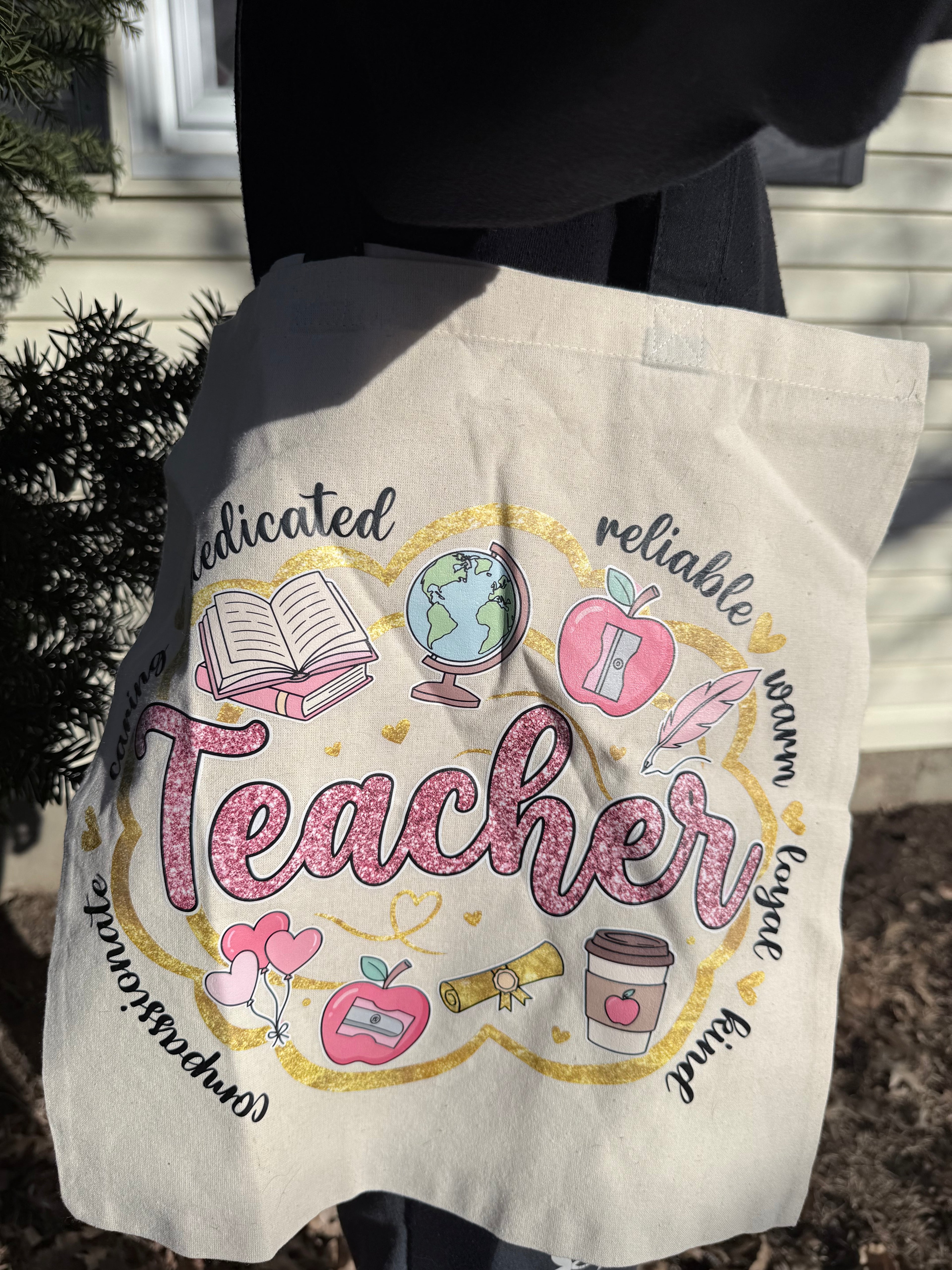 Teacher Canvas Tote with Black Handles - Pink "Faux Glitter" Word Cloud Design - Durable Educator Carryall