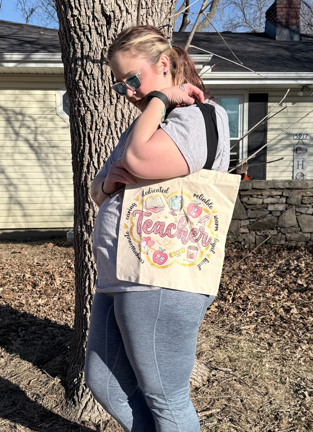 Teacher Canvas Tote with Black Handles - Pink "Faux Glitter" Word Cloud Design - Durable Educator Carryall