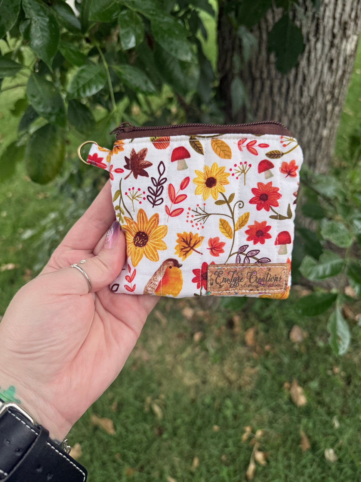 Quilted keychain wallet pouch in Cozy Harvest autumn floral fabric