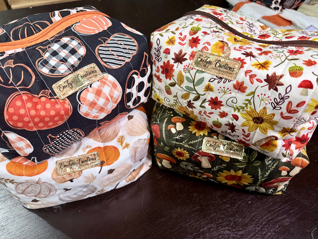 Quilted Boxy Makeup Bag – Handmade Floral & Fall Toiletry Organizer