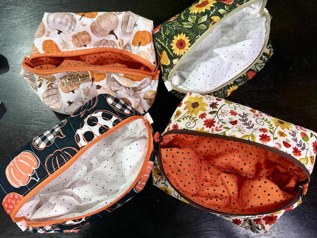 Quilted Boxy Makeup Bag – Handmade Floral & Fall Toiletry Organizer