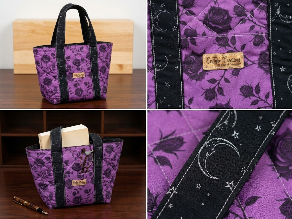 Midnight Scholar tote collage showing the front, inside pocket, and rose fabric detail