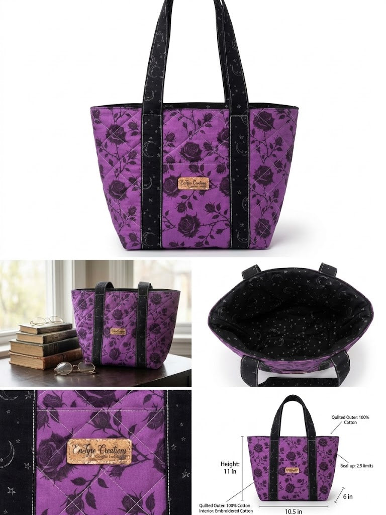 Midnight Scholar quilted tote shown from multiple angles, including the lined interior