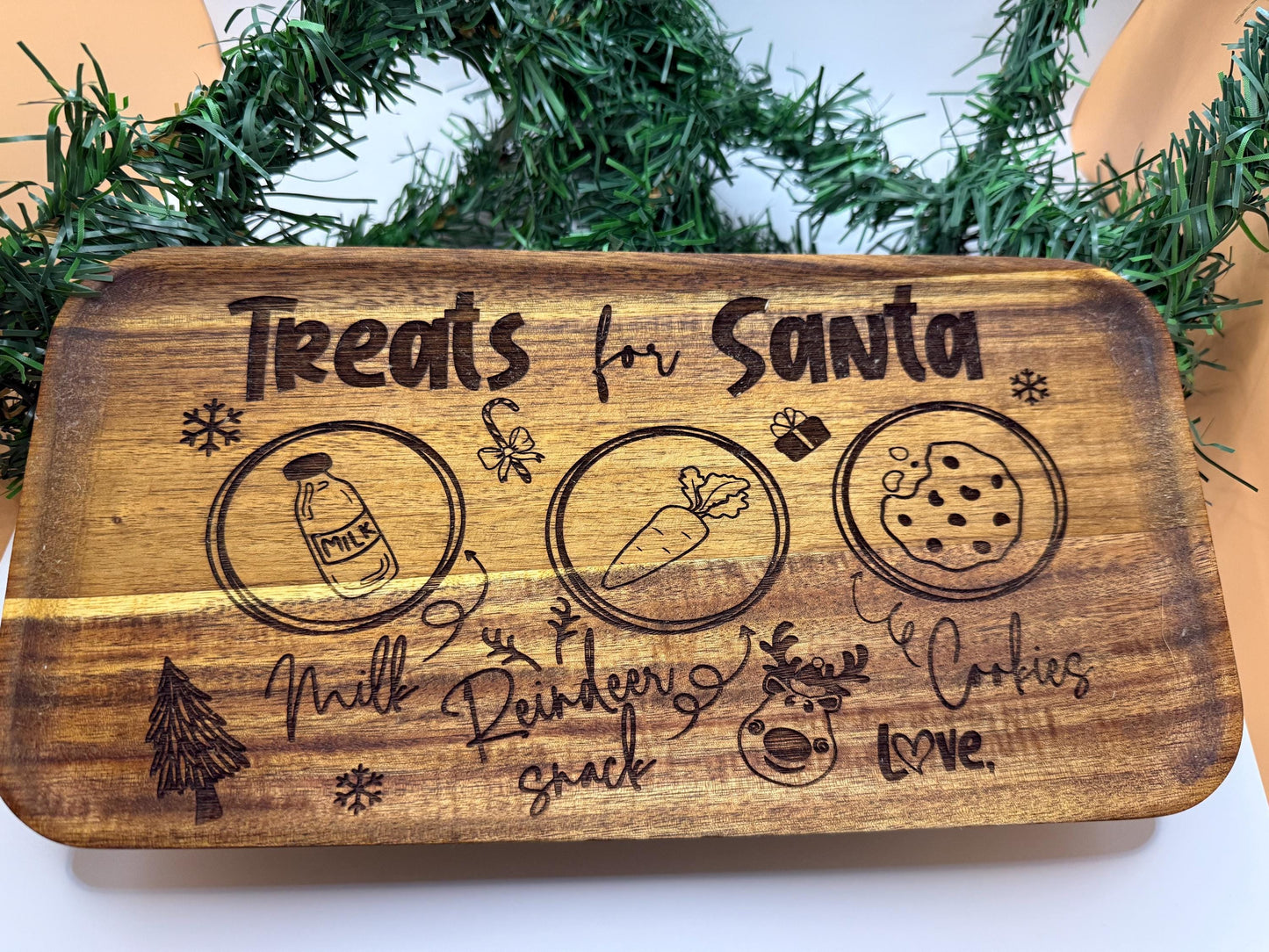 Personalized Treats for Santa Tray – Custom Acacia Wood Christmas Eve Cookie Tray | Kids Holiday Keepsake