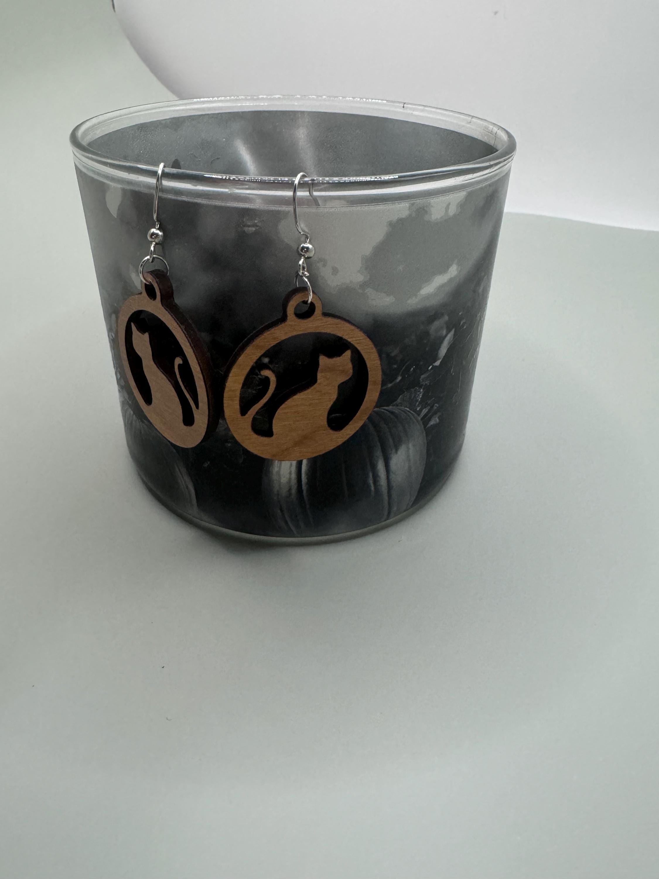 Laser Cut Cat Earrings | Wooden Cat Silhouette Dangles | Lightweight Pet Lover Gift | Cute Feline Jewelry