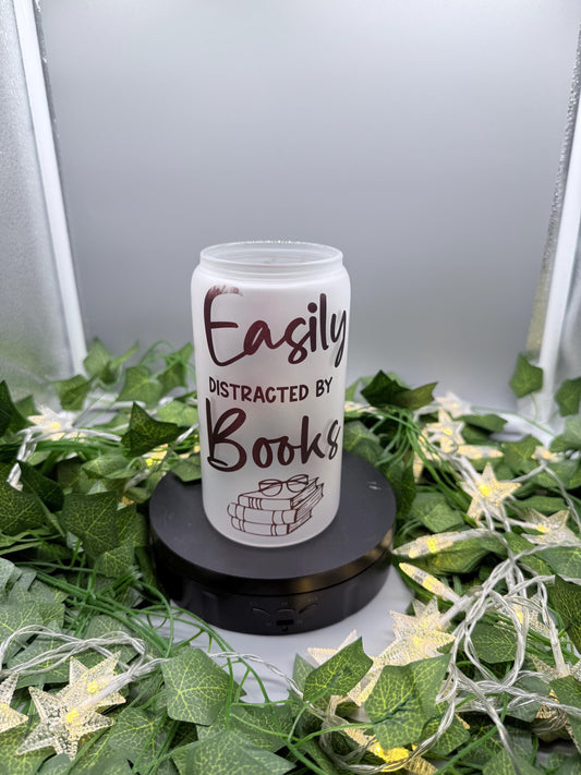Easily Distracted by Books Glass Can, Book Lover Gift| Frosted Glass Cup with Bamboo Lid| Bookish Aesthetic Drinkware | Reader Gift for Her
