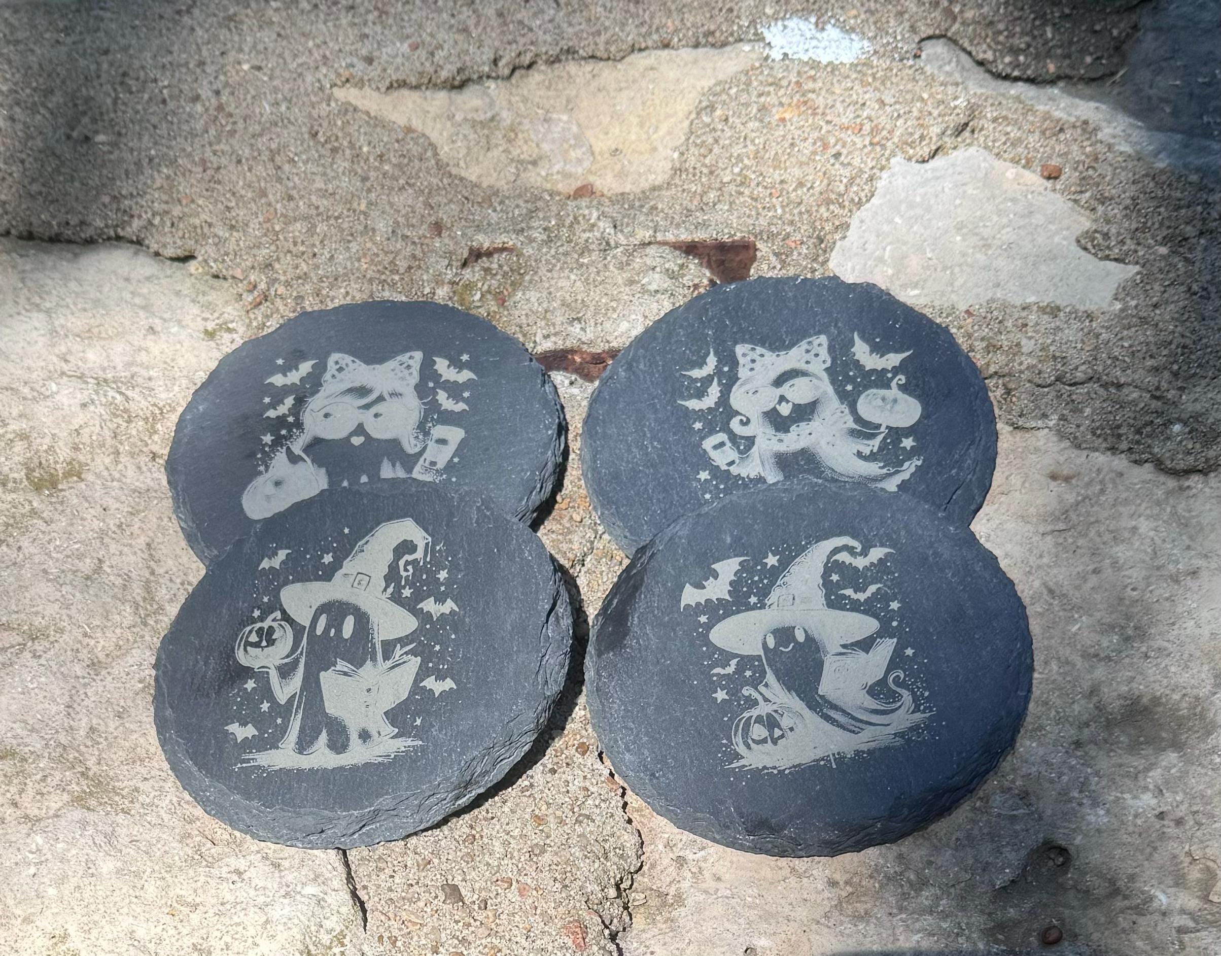 Halloween Slate Coasters – Adorable Ghost Designs, Set of 4 Laser Etched