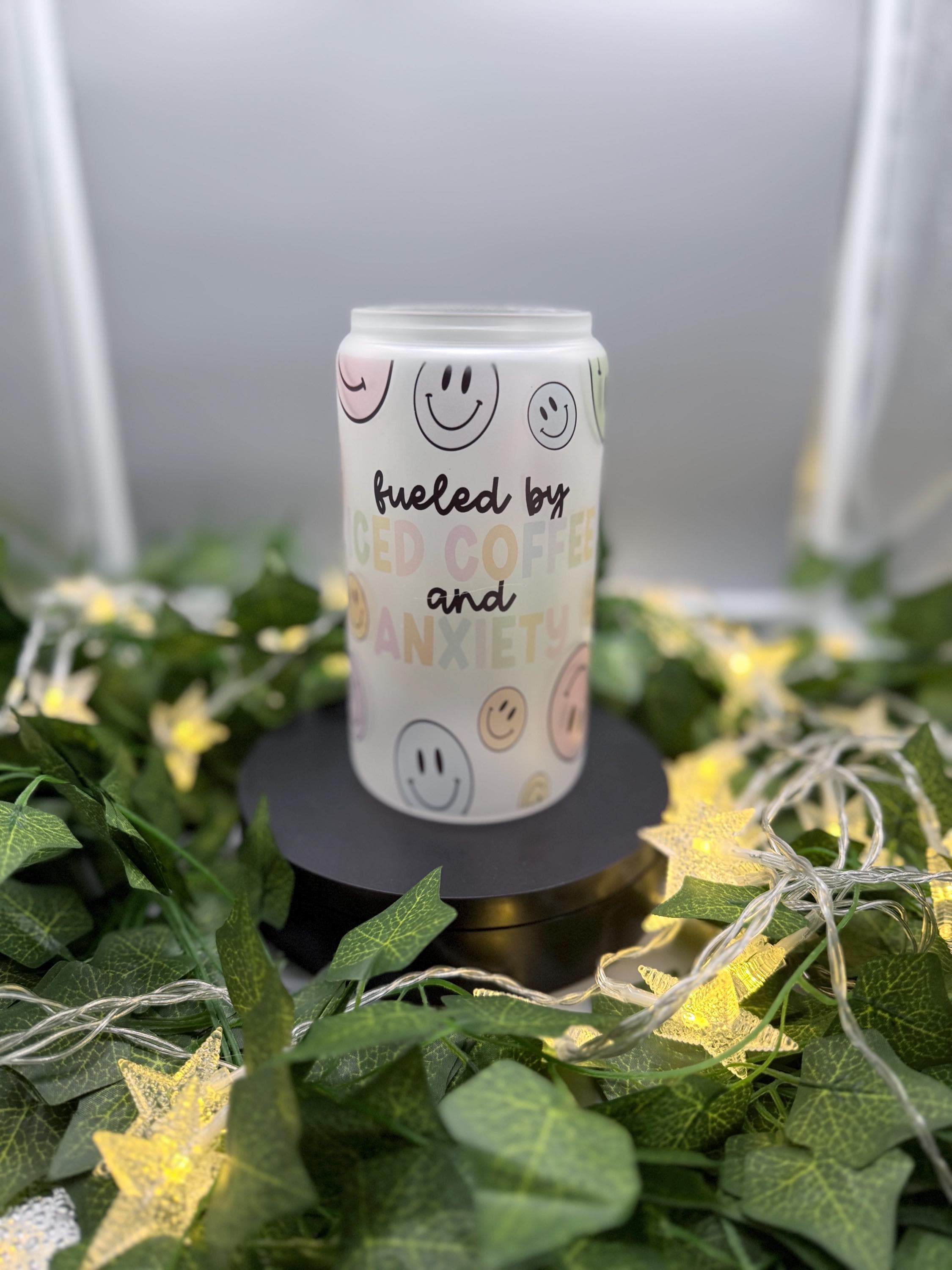 Fueled by Iced Coffee & Anxiety – 16oz Frosted Glass Cup with Bamboo Lid