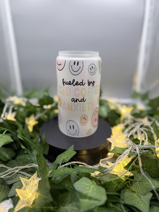 Fueled by Iced Coffee & Anxiety – 16oz Frosted Glass Cup with Bamboo Lid