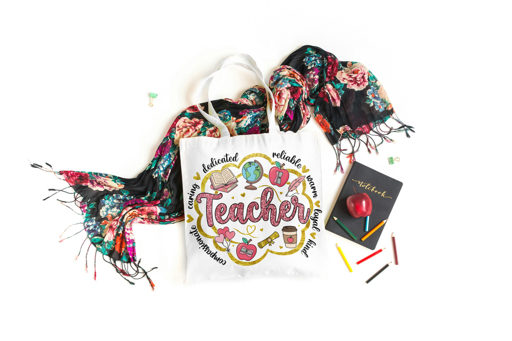 Teacher Canvas Tote with Black Handles - Pink "Faux Glitter" Word Cloud Design - Durable Educator Carryall