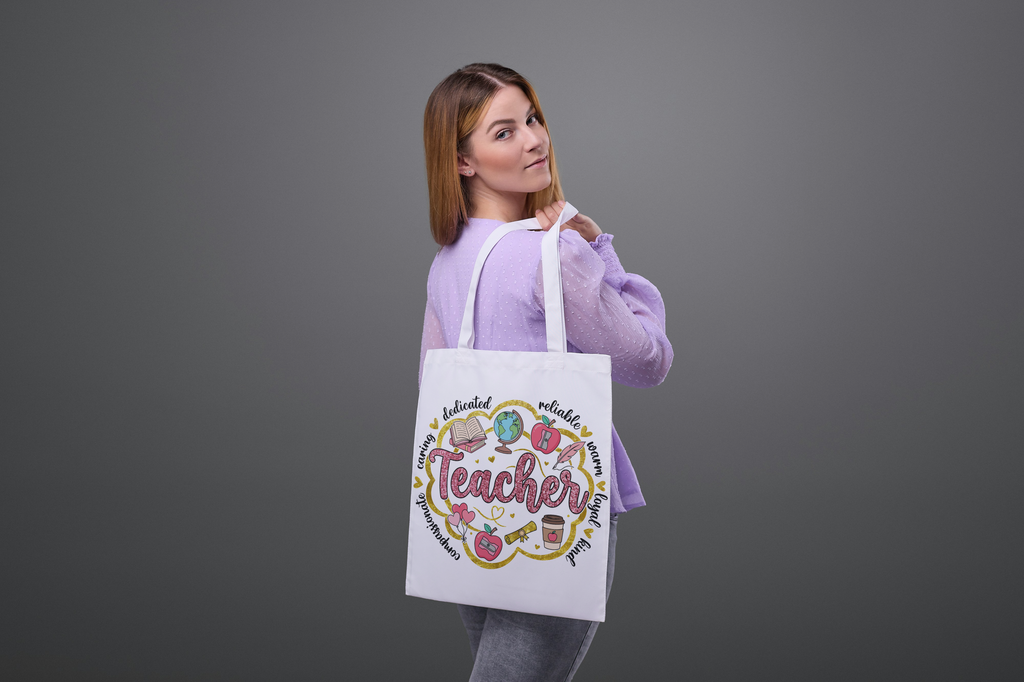 Teacher Canvas Tote with Black Handles - Pink "Faux Glitter" Word Cloud Design - Durable Educator Carryall