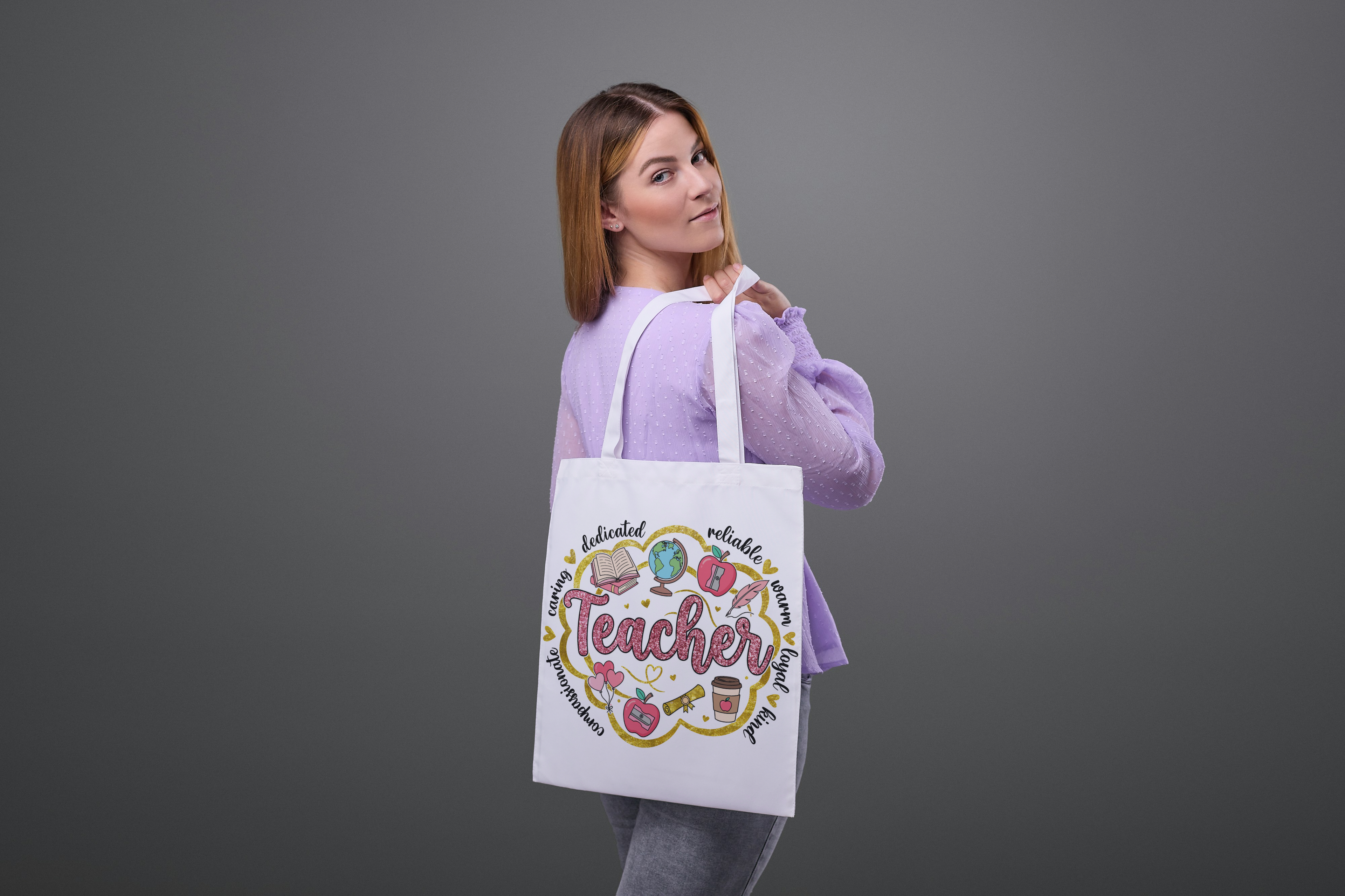 Teacher Canvas Tote with Black Handles - Pink "Faux Glitter" Word Cloud Design - Durable Educator Carryall